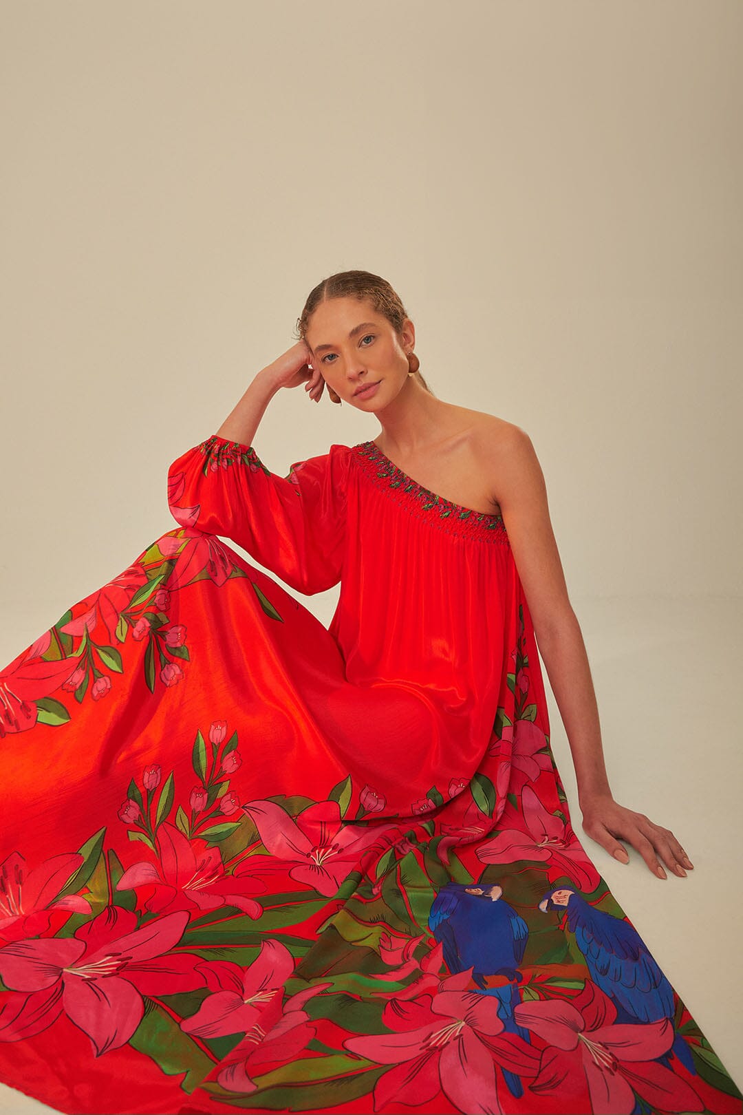 FARM Rio model wearing the Summer Foliage Scarf Red Maxi Dress