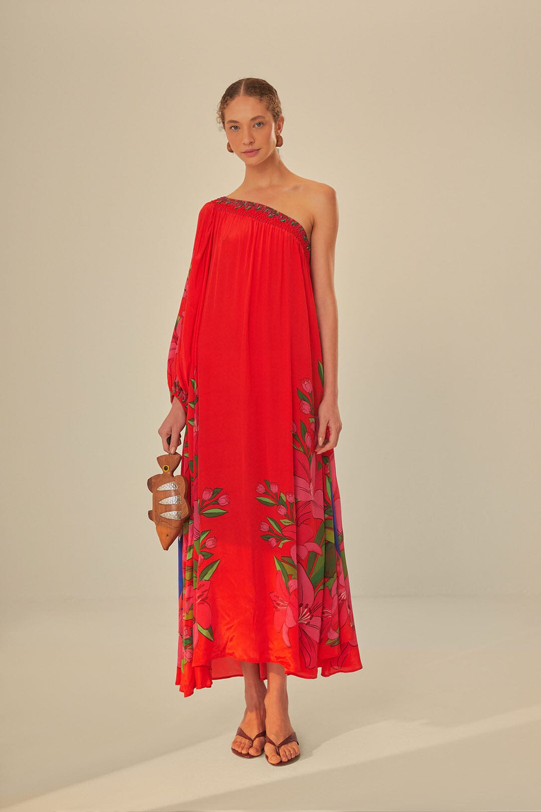 FARM Rio model wearing the Summer Foliage Scarf Red Maxi Dress