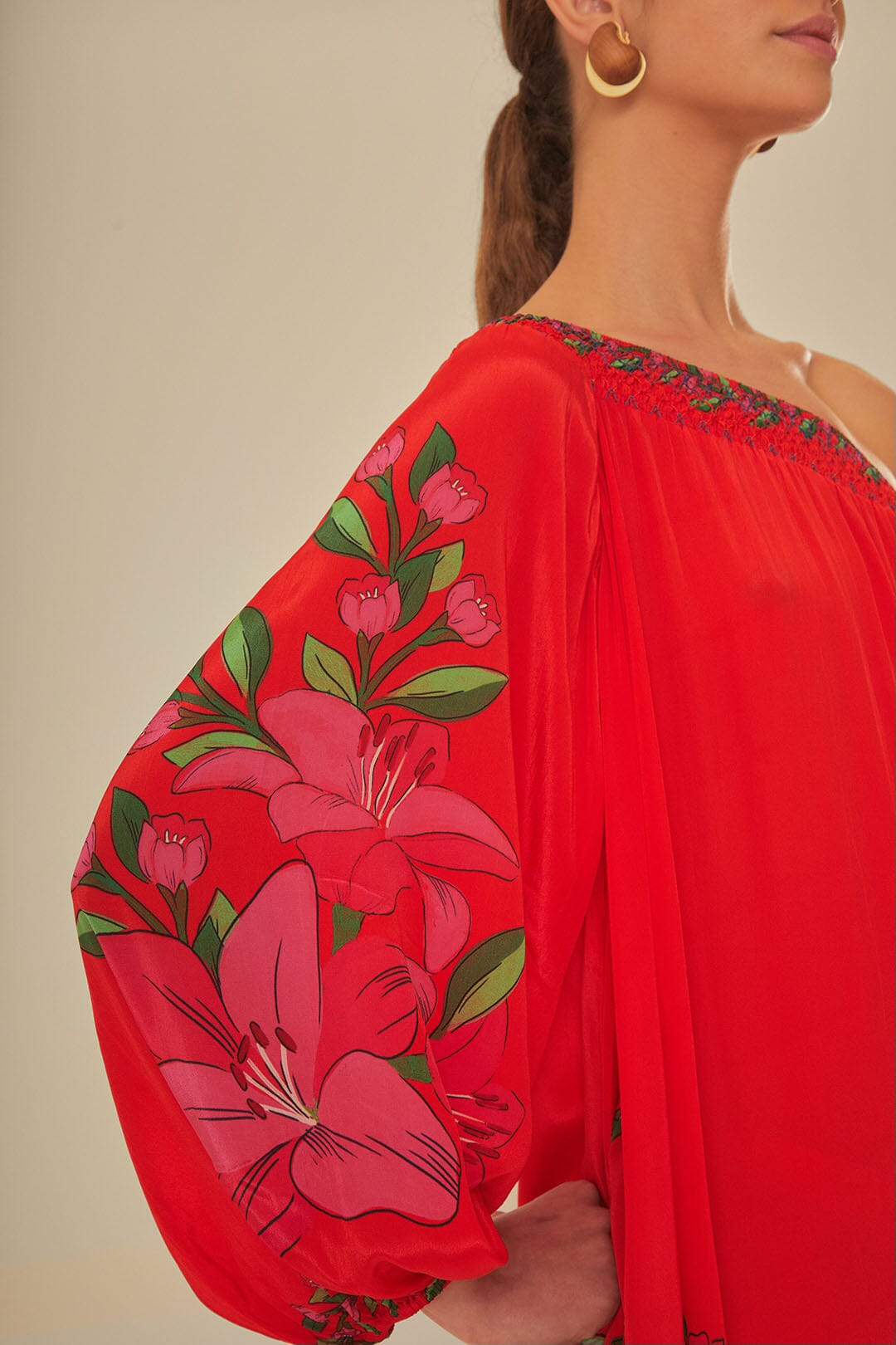 FARM Rio model wearing the Summer Foliage Scarf Red Maxi Dress