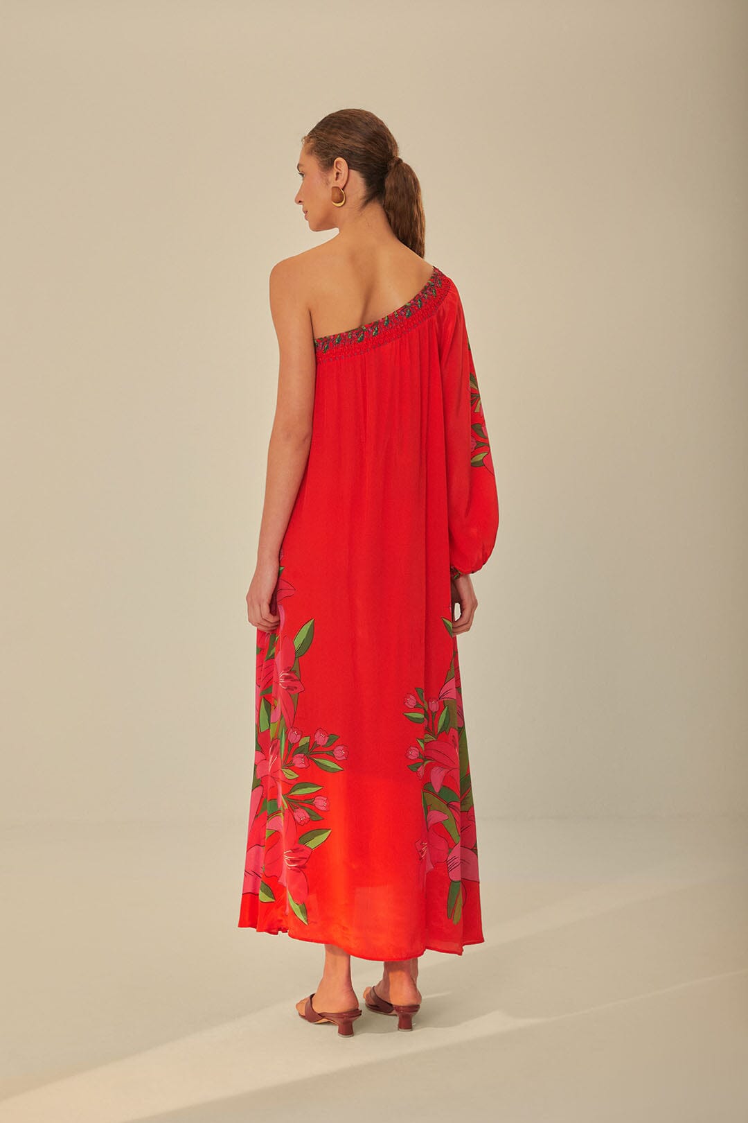 FARM Rio model wearing the Summer Foliage Scarf Red Maxi Dress