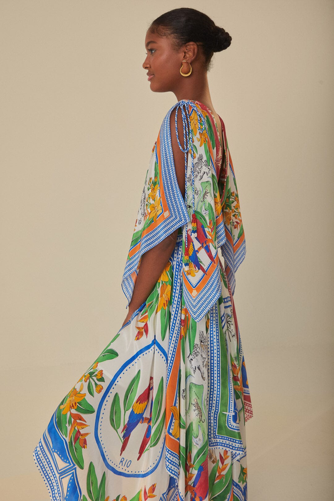 FARM Rio model wearing the Off-White Tropical Destination Short Sleeves Midi