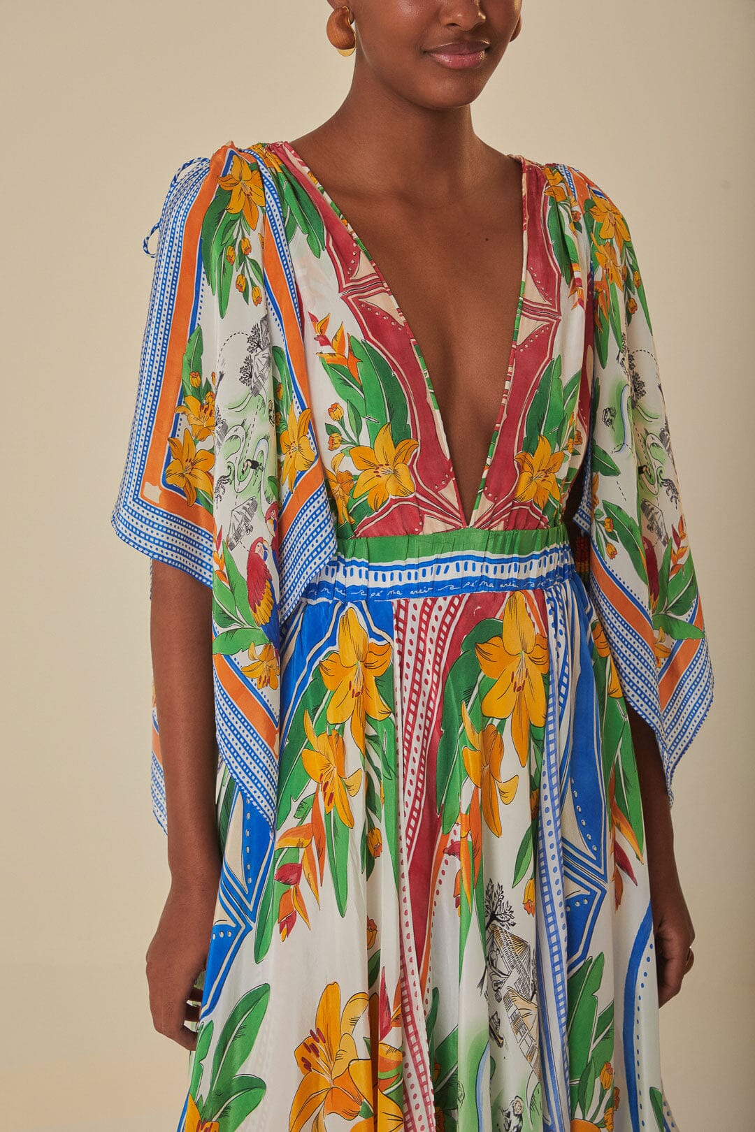 FARM Rio model wearing the Off-White Tropical Destination Short Sleeves Midi