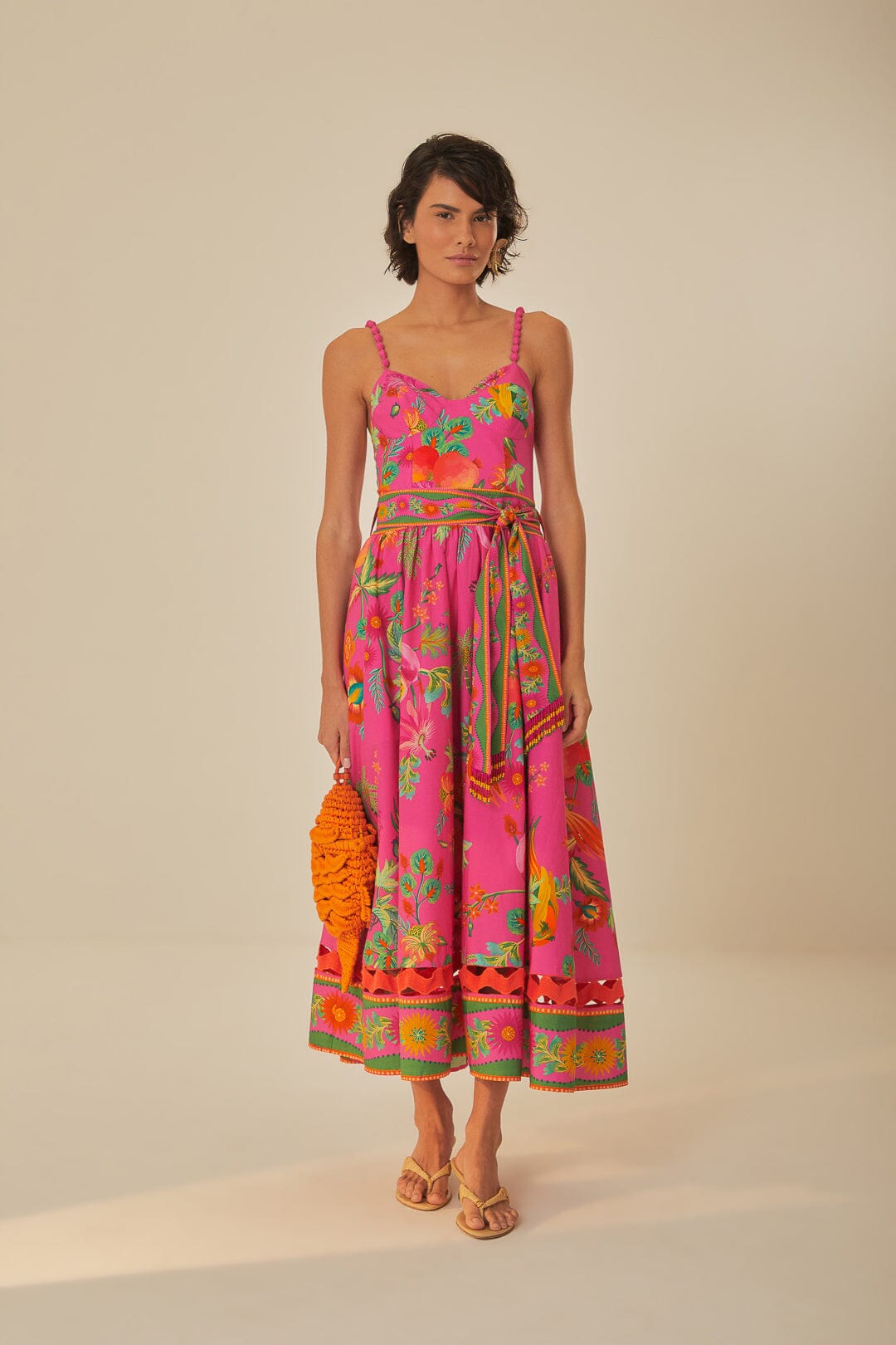 FARM Rio model wearing the Delicate Fruit Garden Pink Midi Dress