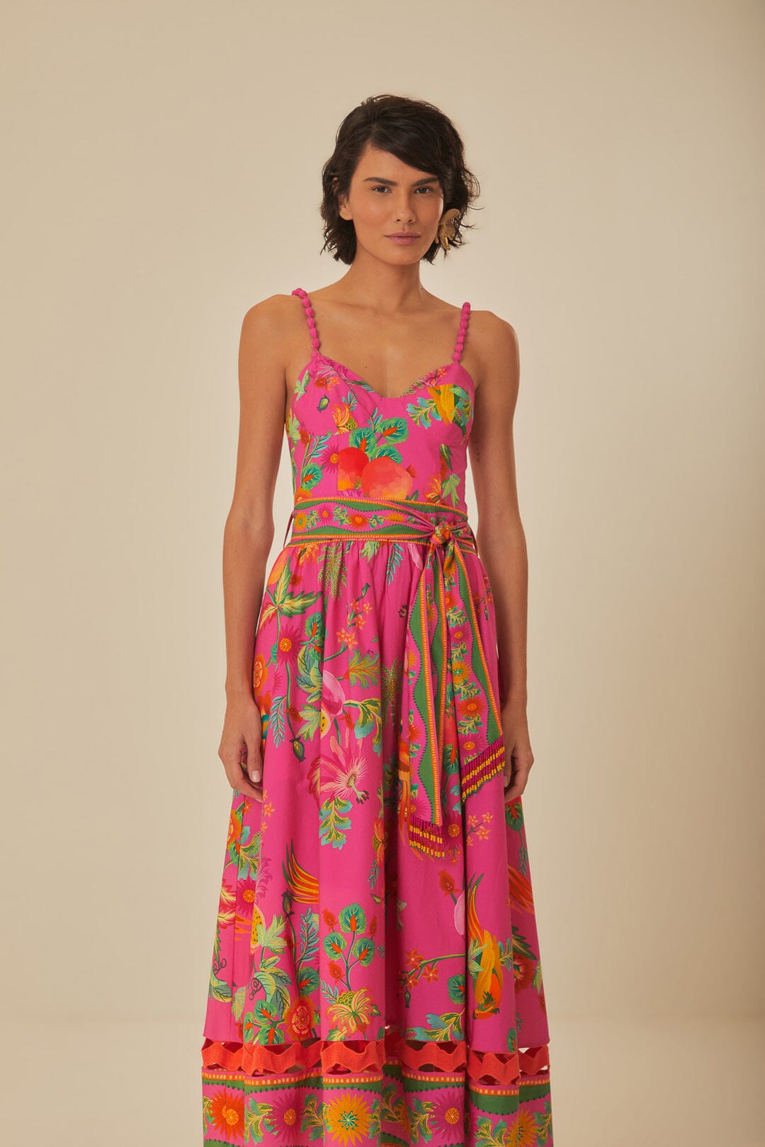 FARM Rio model wearing the Delicate Fruit Garden Pink Midi Dress