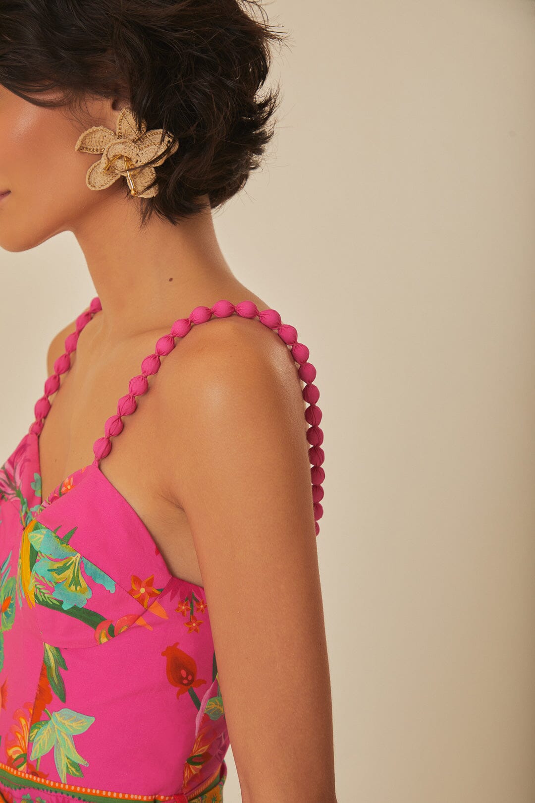 FARM Rio model wearing the Delicate Fruit Garden Pink Midi Dress