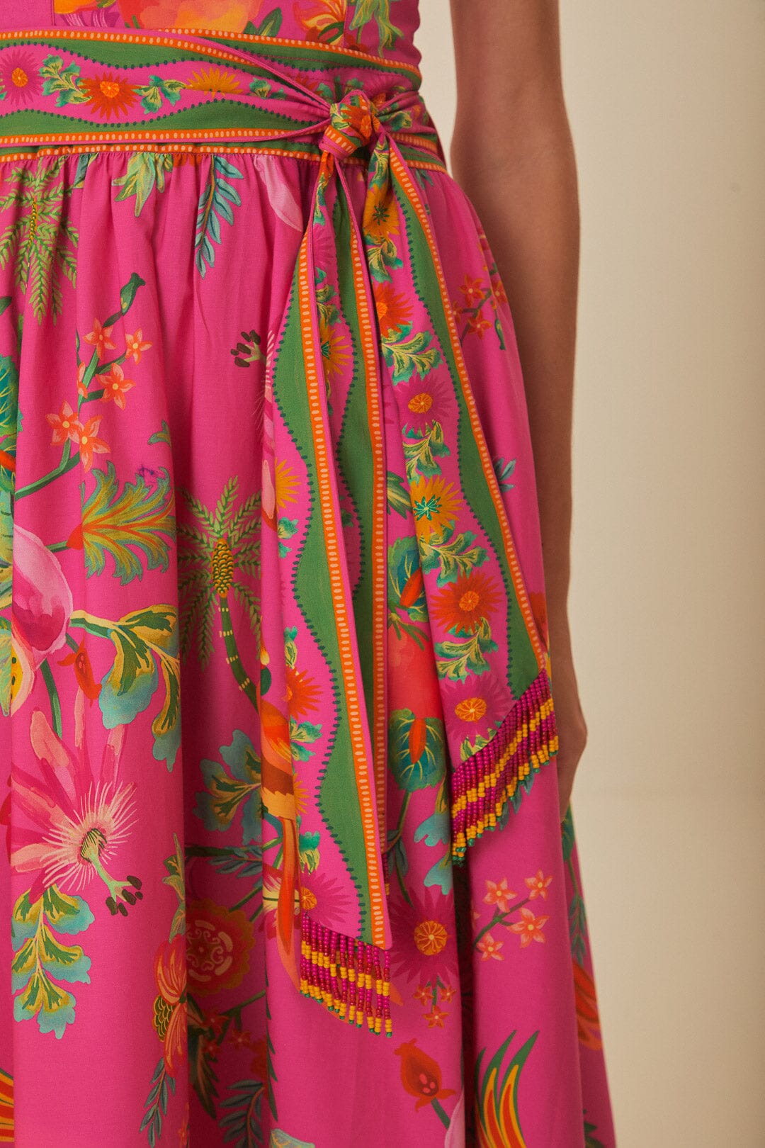 FARM Rio model wearing the Delicate Fruit Garden Pink Midi Dress