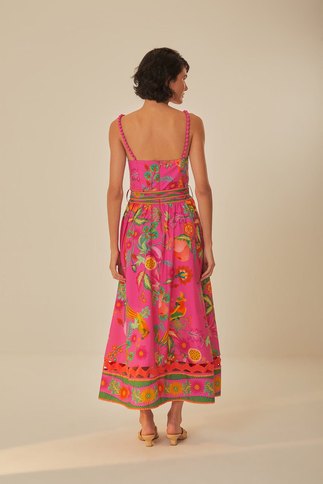 FARM Rio model wearing the Delicate Fruit Garden Pink Midi Dress