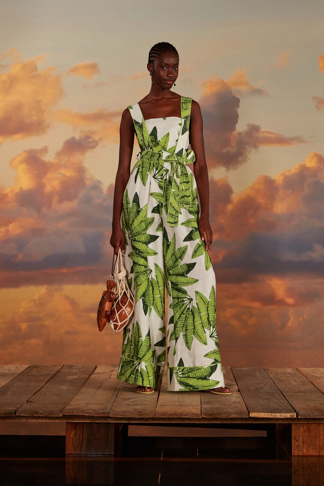 FARM Rio model wearing the Palm Fan Off-White Jumpsuit