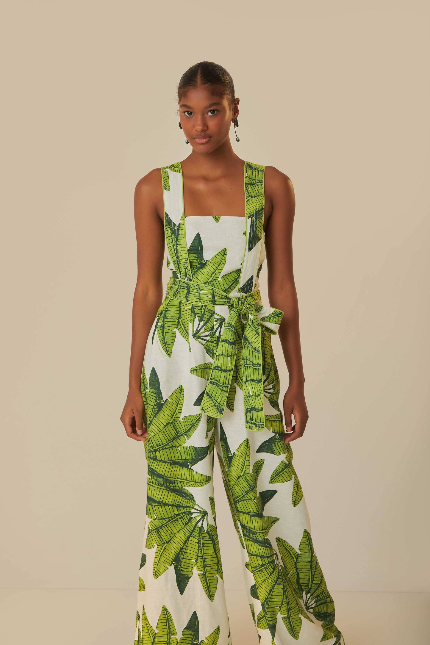 FARM Rio model wearing the Palm Fan Off-White Jumpsuit