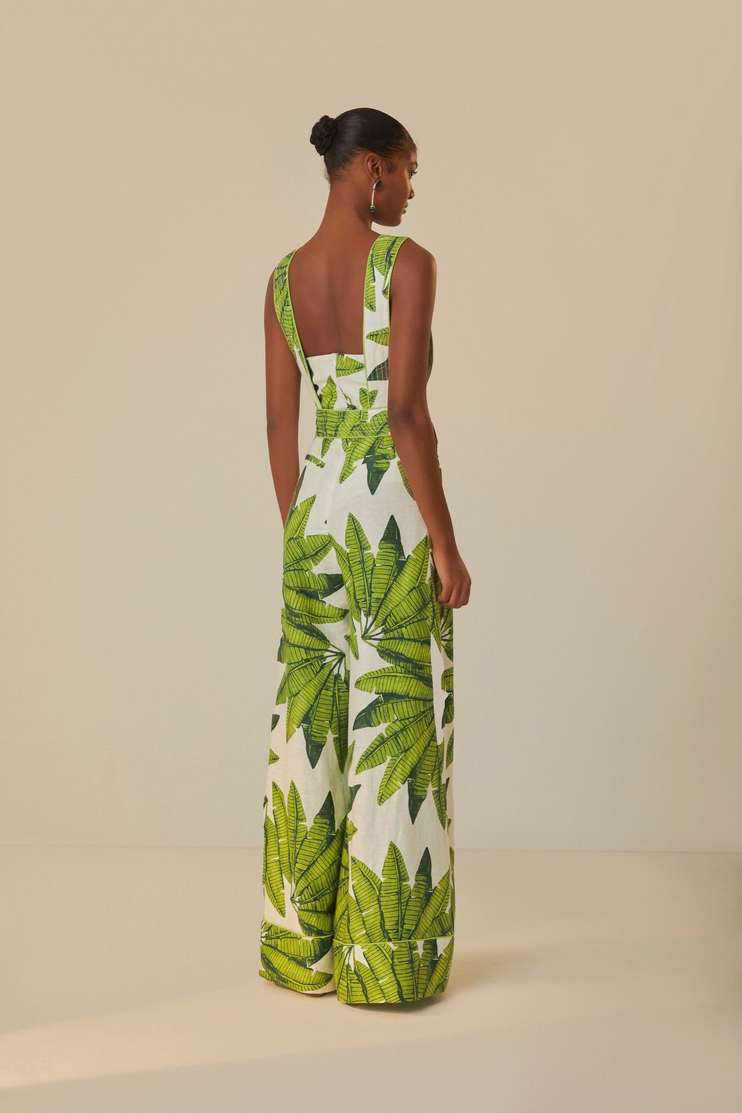 FARM Rio model wearing the Palm Fan Off-White Jumpsuit