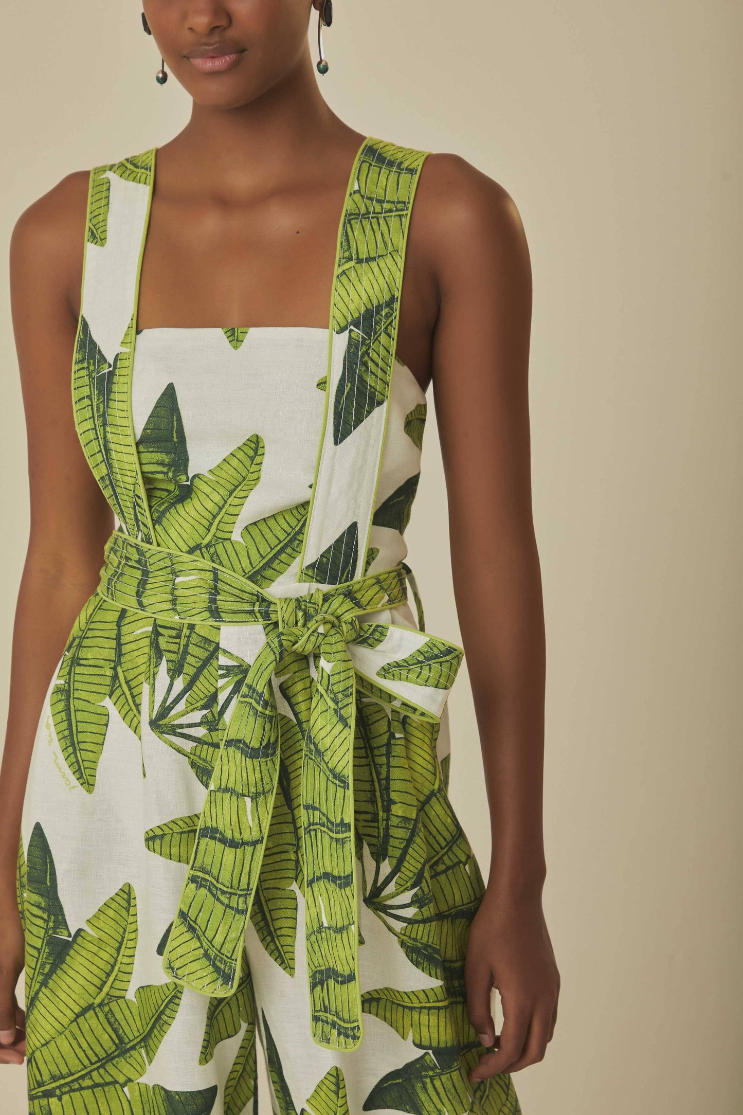 FARM Rio model wearing the Palm Fan Off-White Jumpsuit