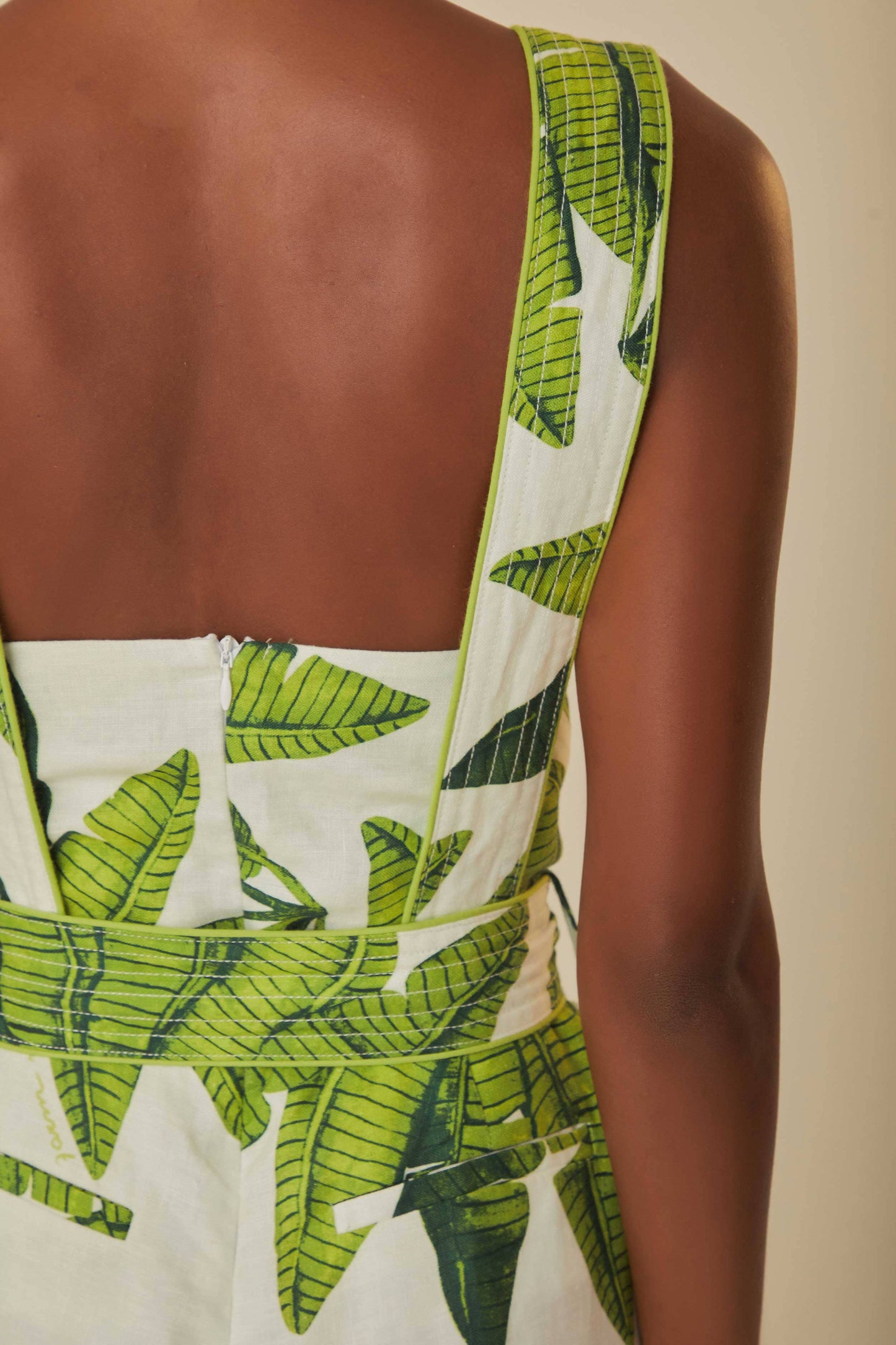 FARM Rio model wearing the Palm Fan Off-White Jumpsuit