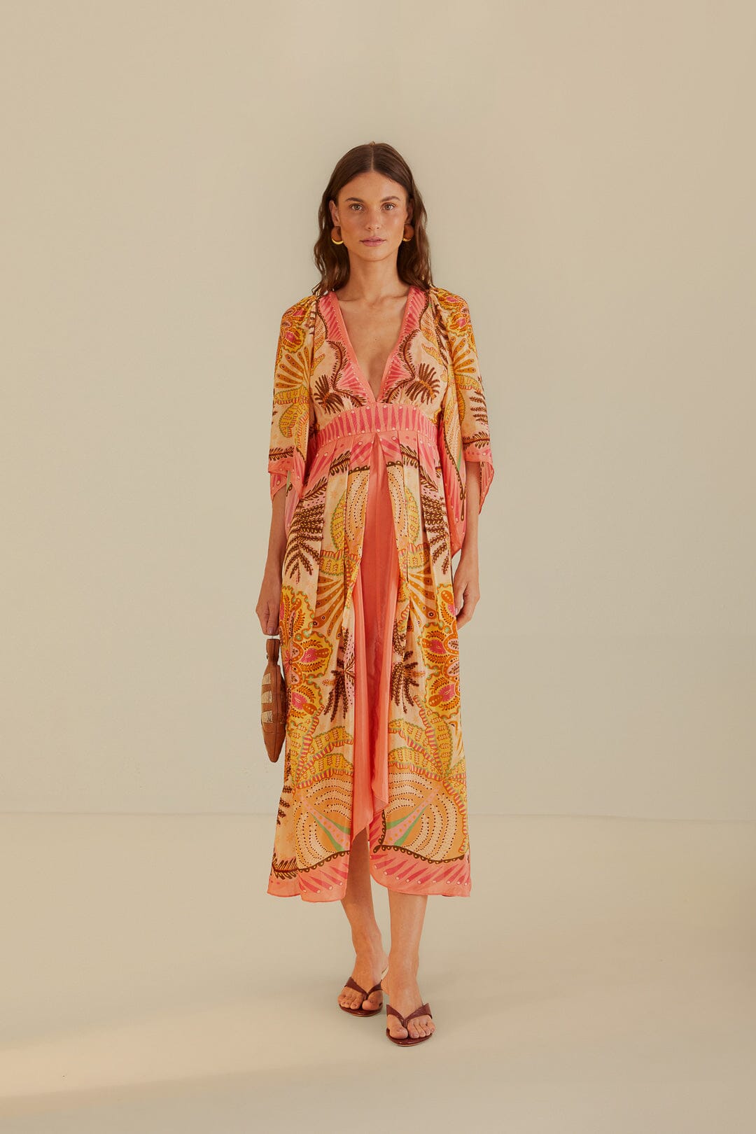 FARM Rio model wearing the Palms Scarf Sand Maxi Dress