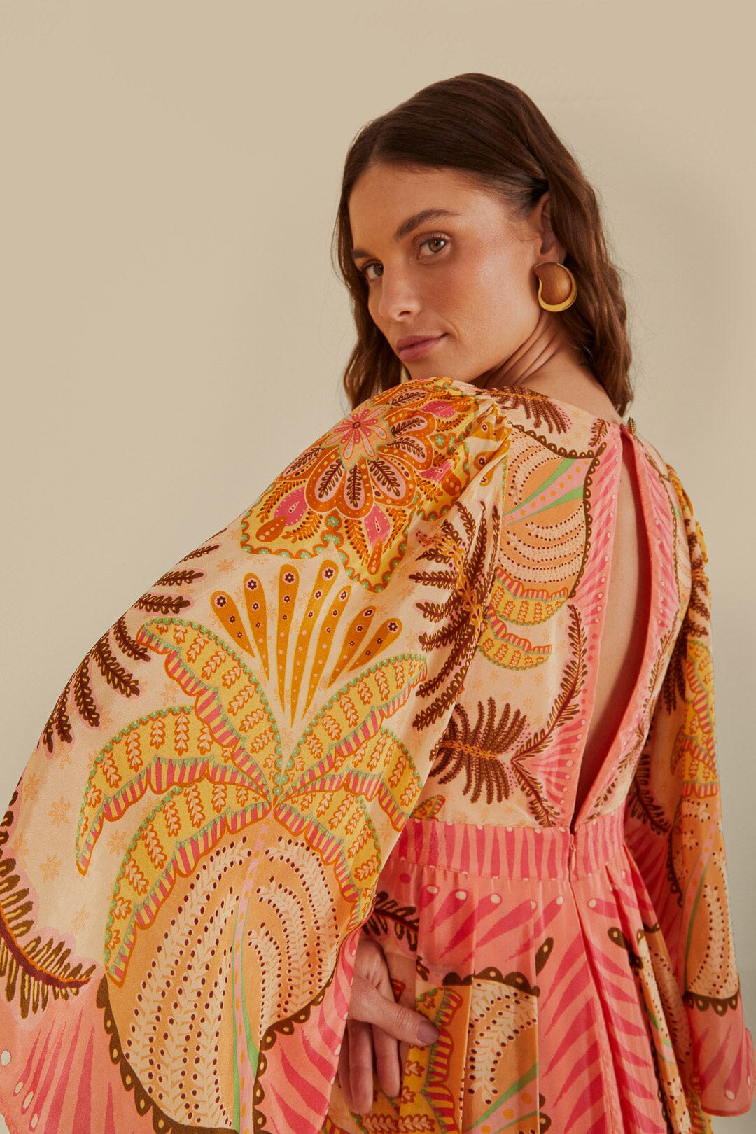 FARM Rio model wearing the Palms Scarf Sand Maxi Dress