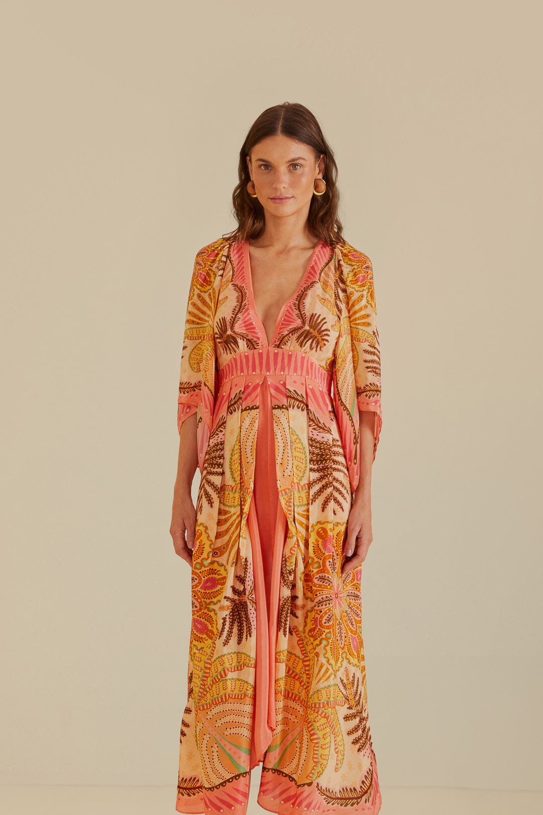 FARM Rio model wearing the Palms Scarf Sand Maxi Dress