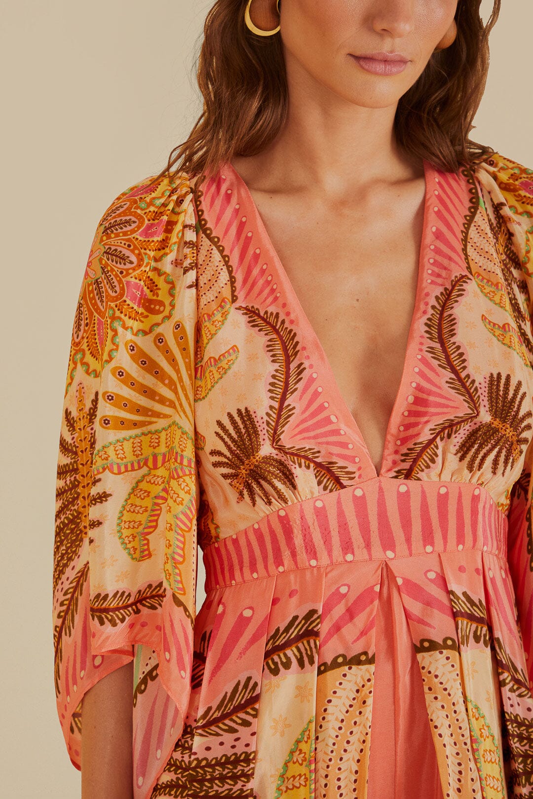 FARM Rio model wearing the Palms Scarf Sand Maxi Dress