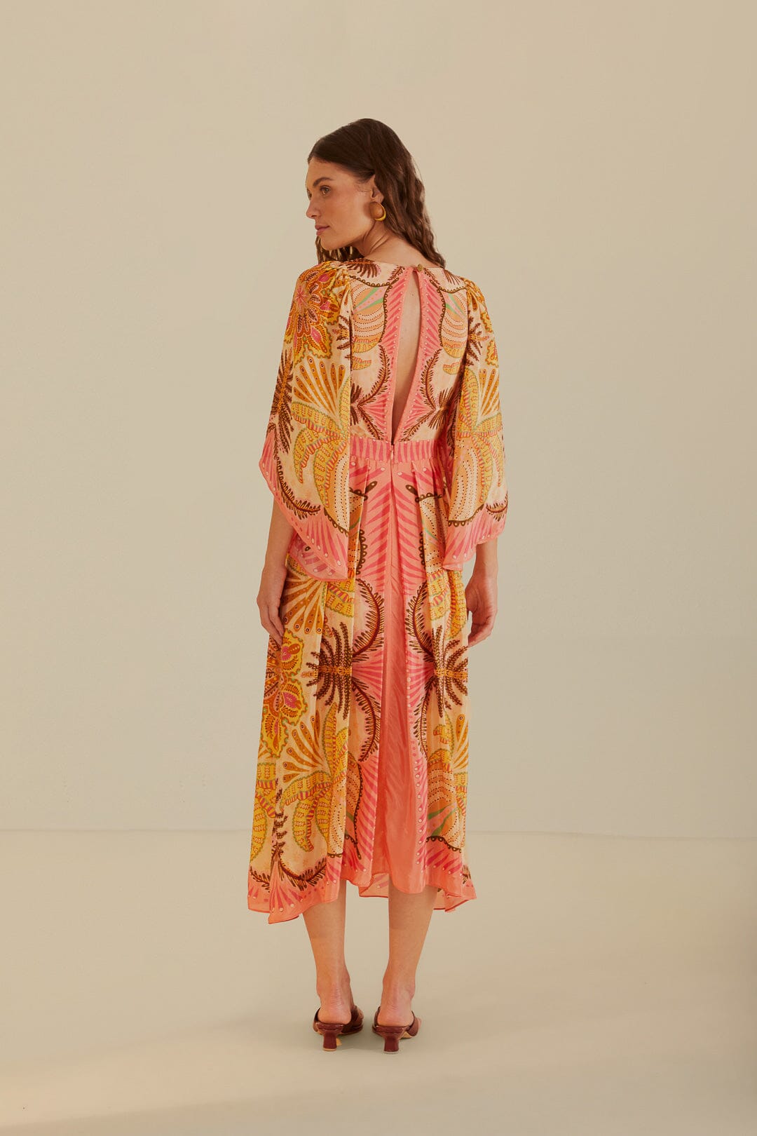 FARM Rio model wearing the Palms Scarf Sand Maxi Dress