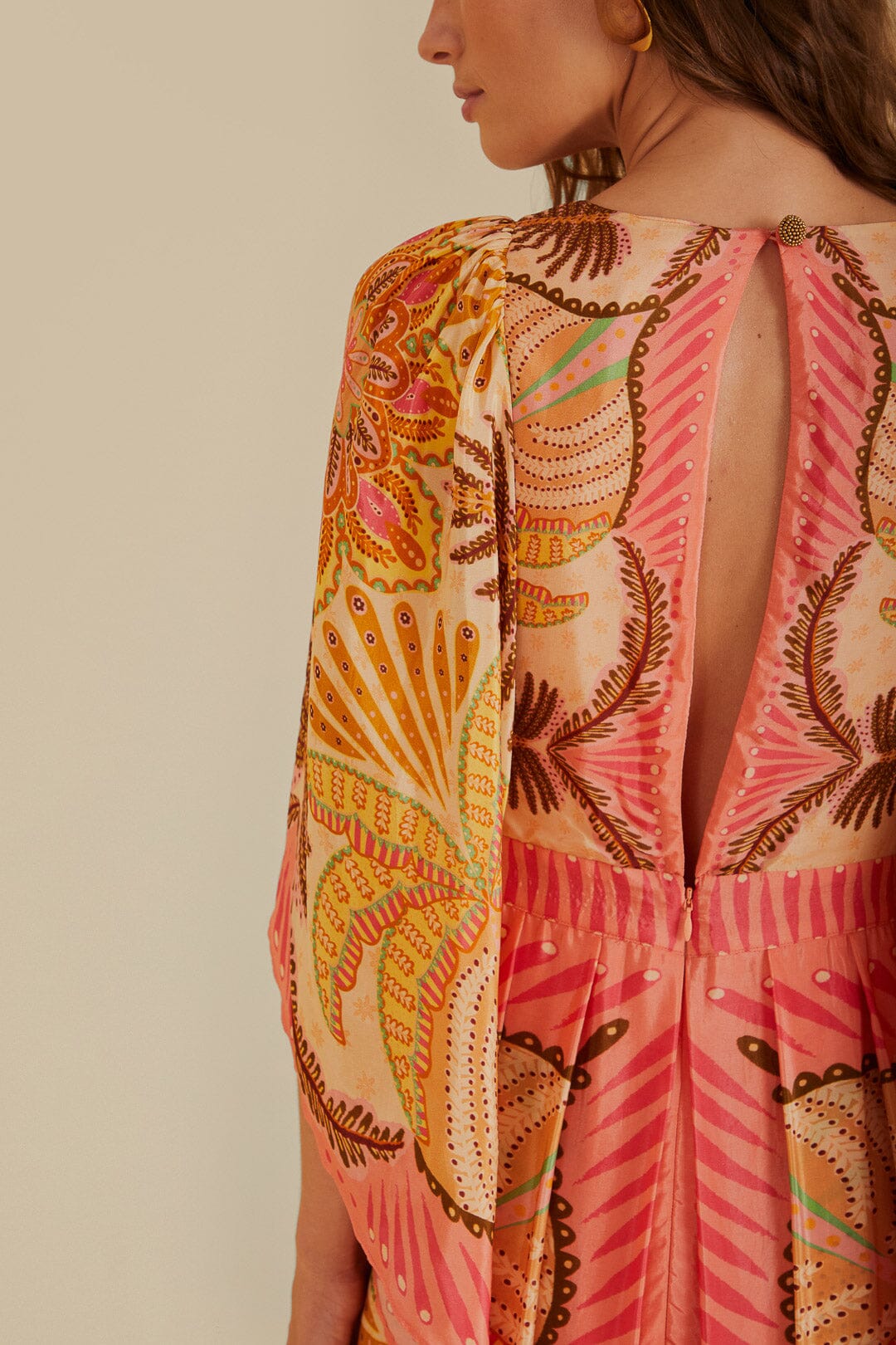 FARM Rio model wearing the Palms Scarf Sand Maxi Dress