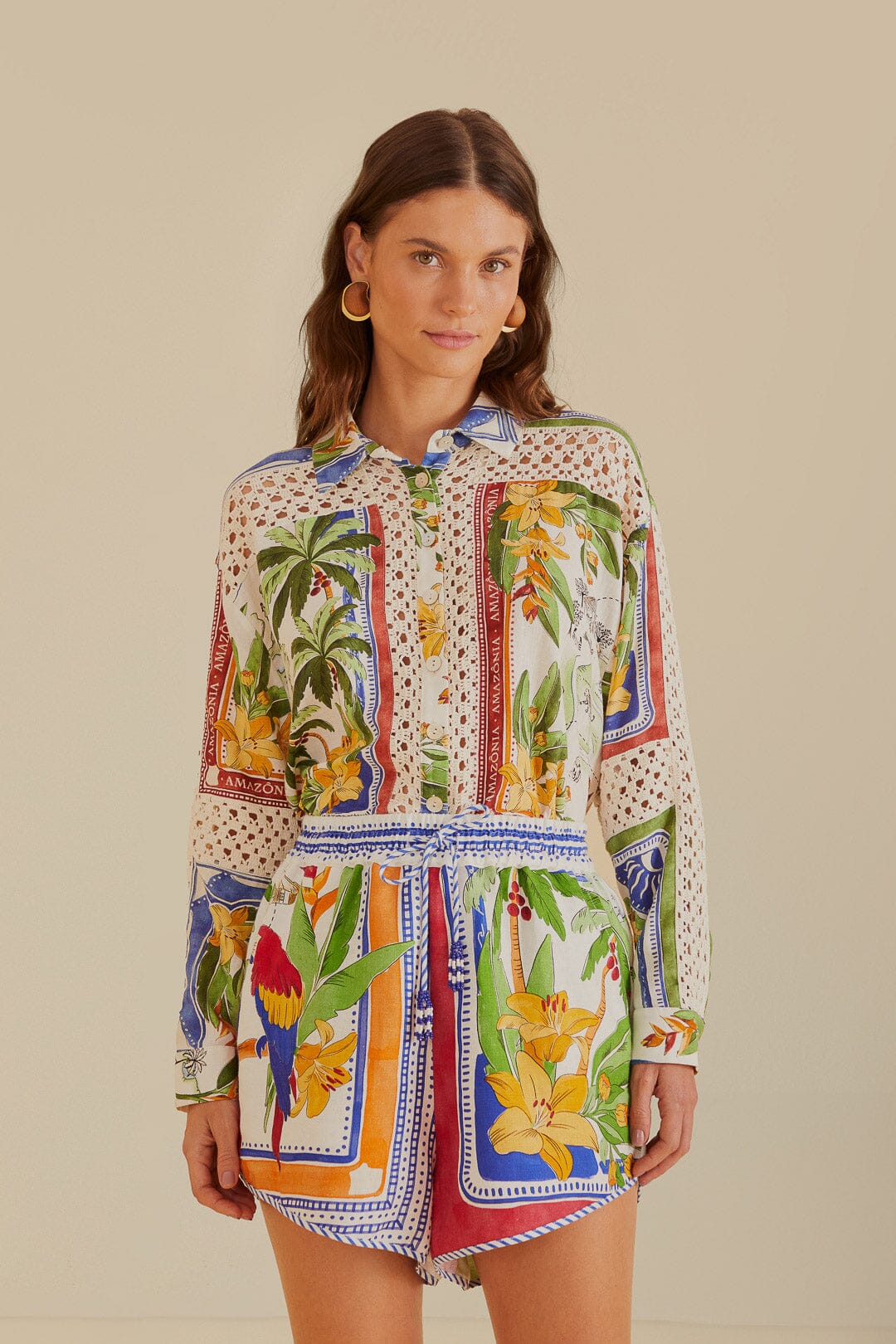 FARM Rio model wearing the Tropical Destination Off-White Shorts
