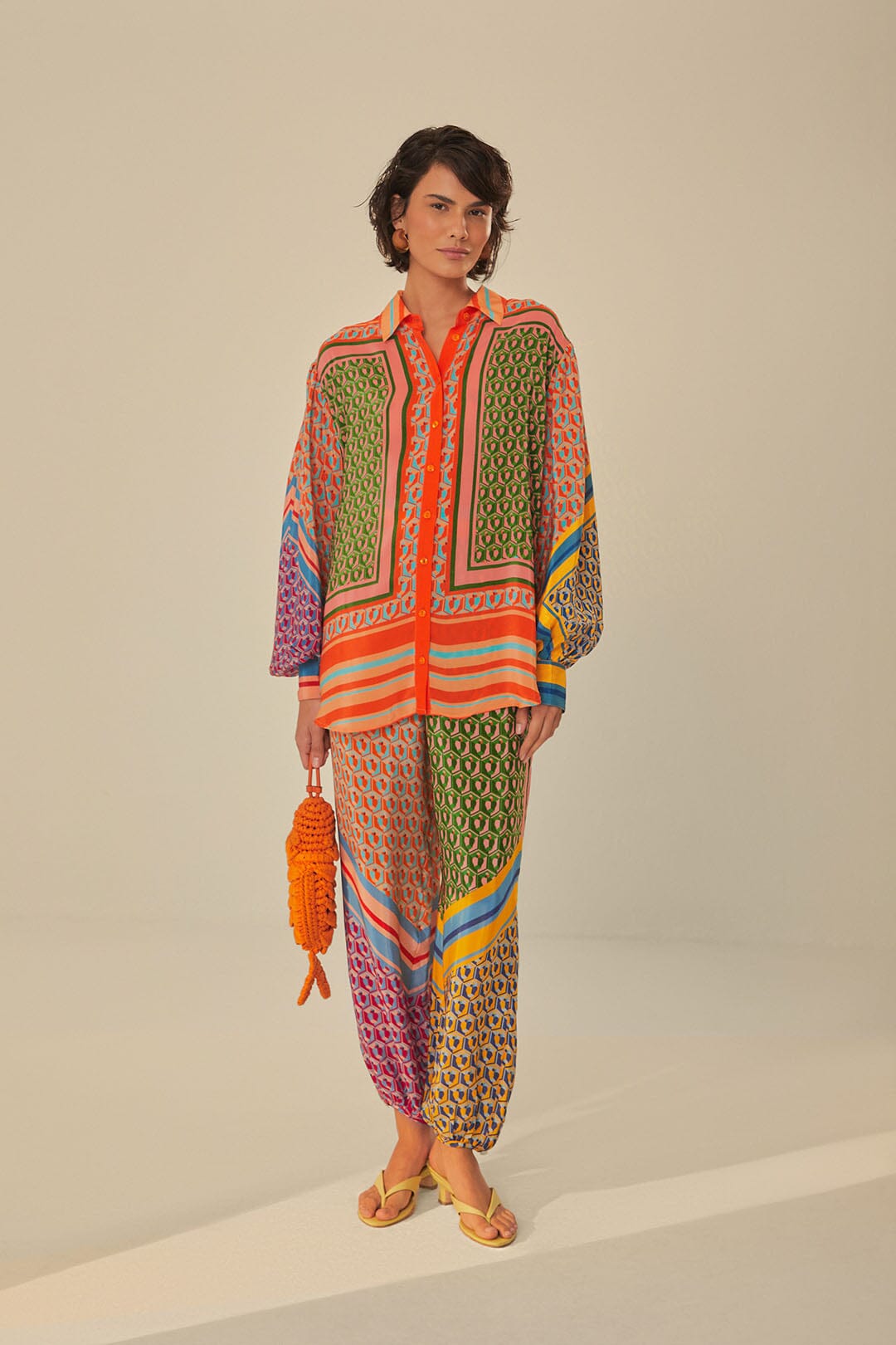 FARM Rio model wearing the Cashew Scarf Mix Pants