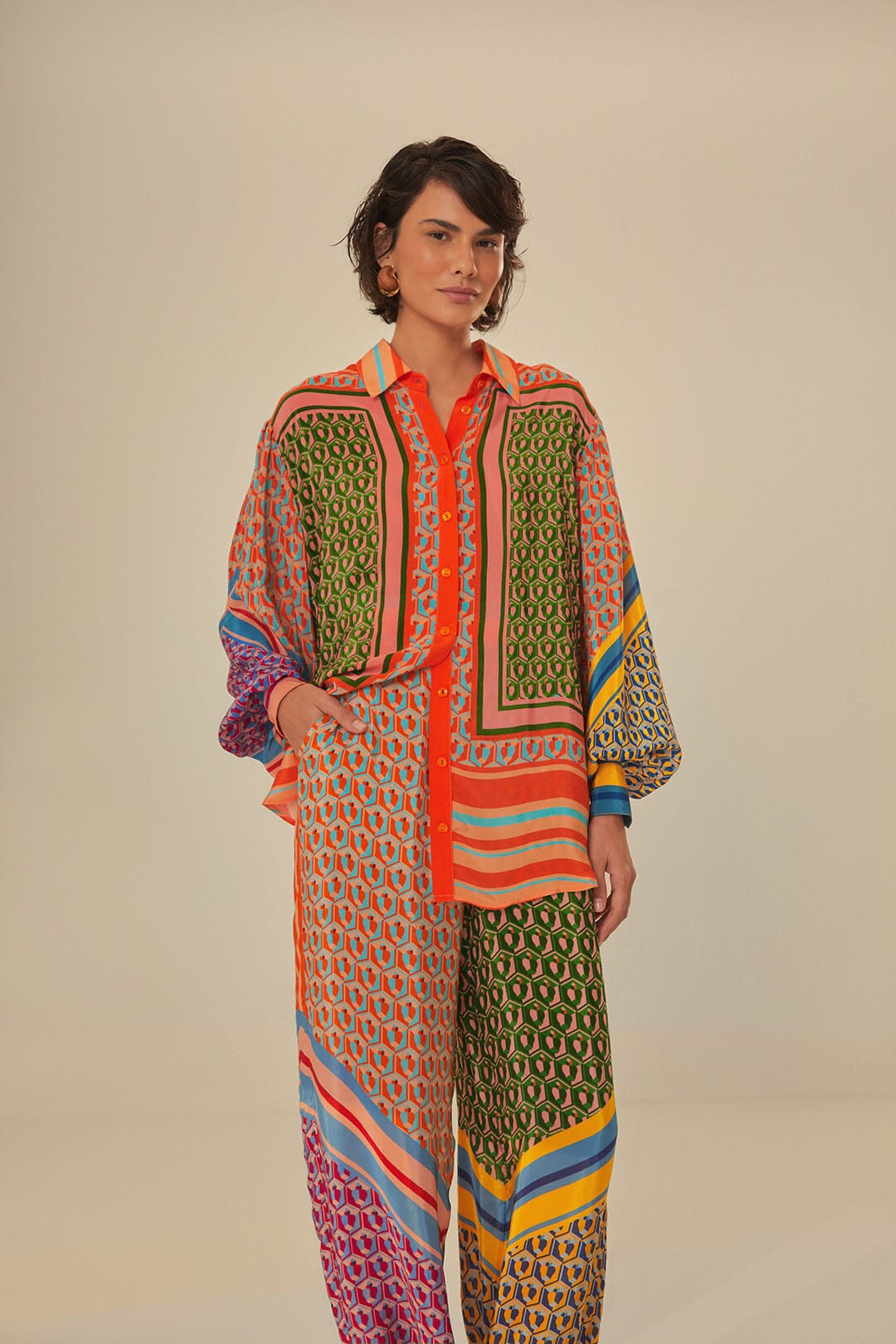 FARM Rio model wearing the Cashew Scarf Mix Pants