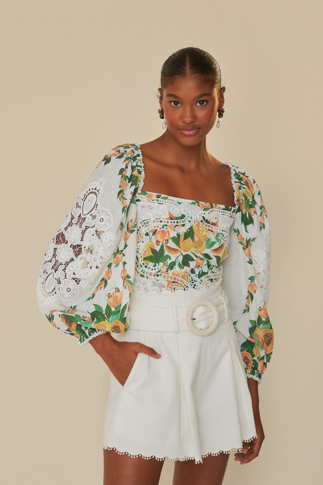 FARM Rio model wearing the Papaya Salad Off-White Blouse