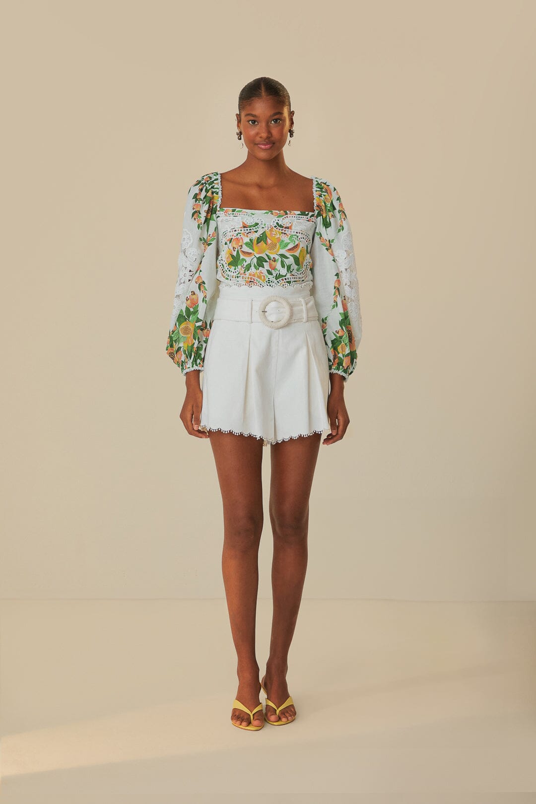 FARM Rio model wearing the Papaya Salad Off-White Blouse