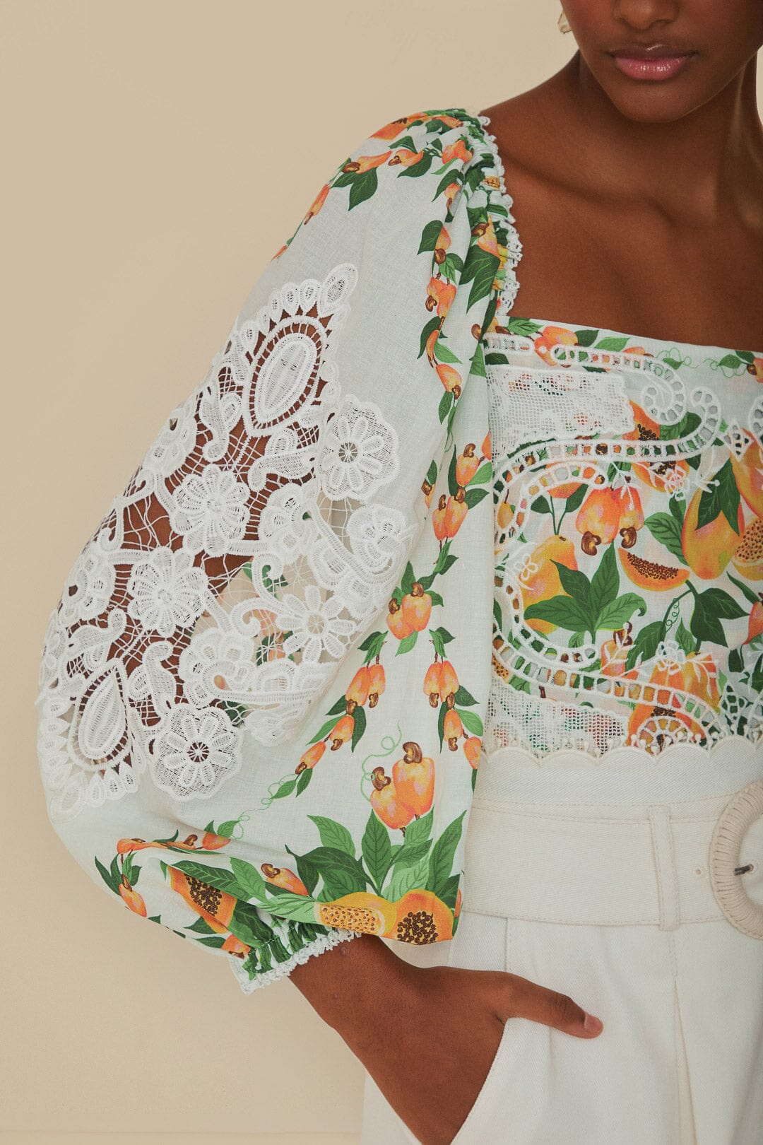 FARM Rio model wearing the Papaya Salad Off-White Blouse