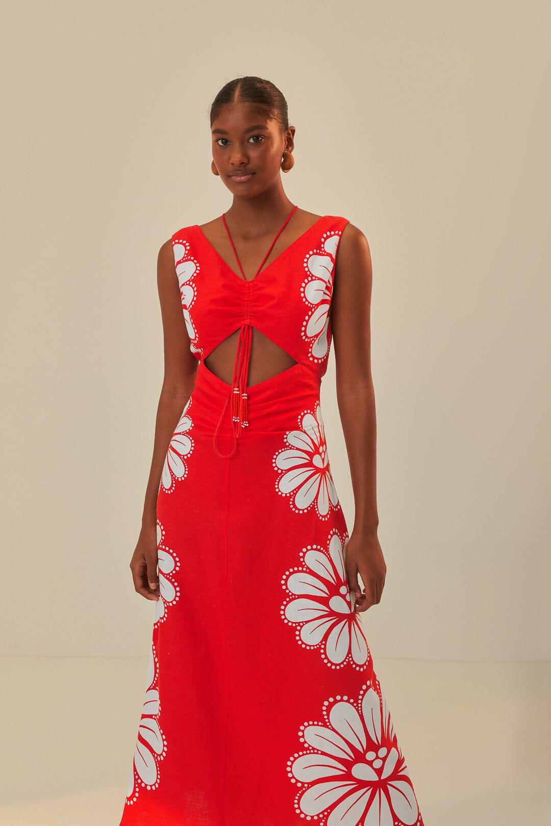 FARM Rio model wearing the Ainika Shell Red Midi Dress