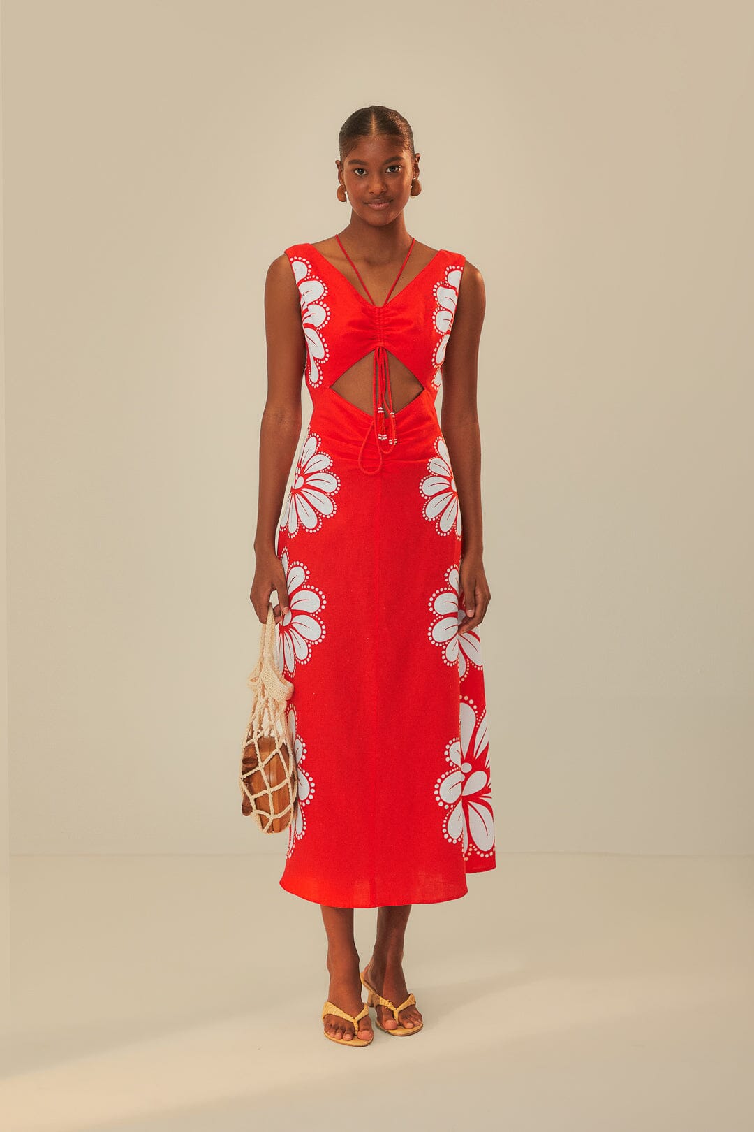 FARM Rio model wearing the Ainika Shell Red Midi Dress
