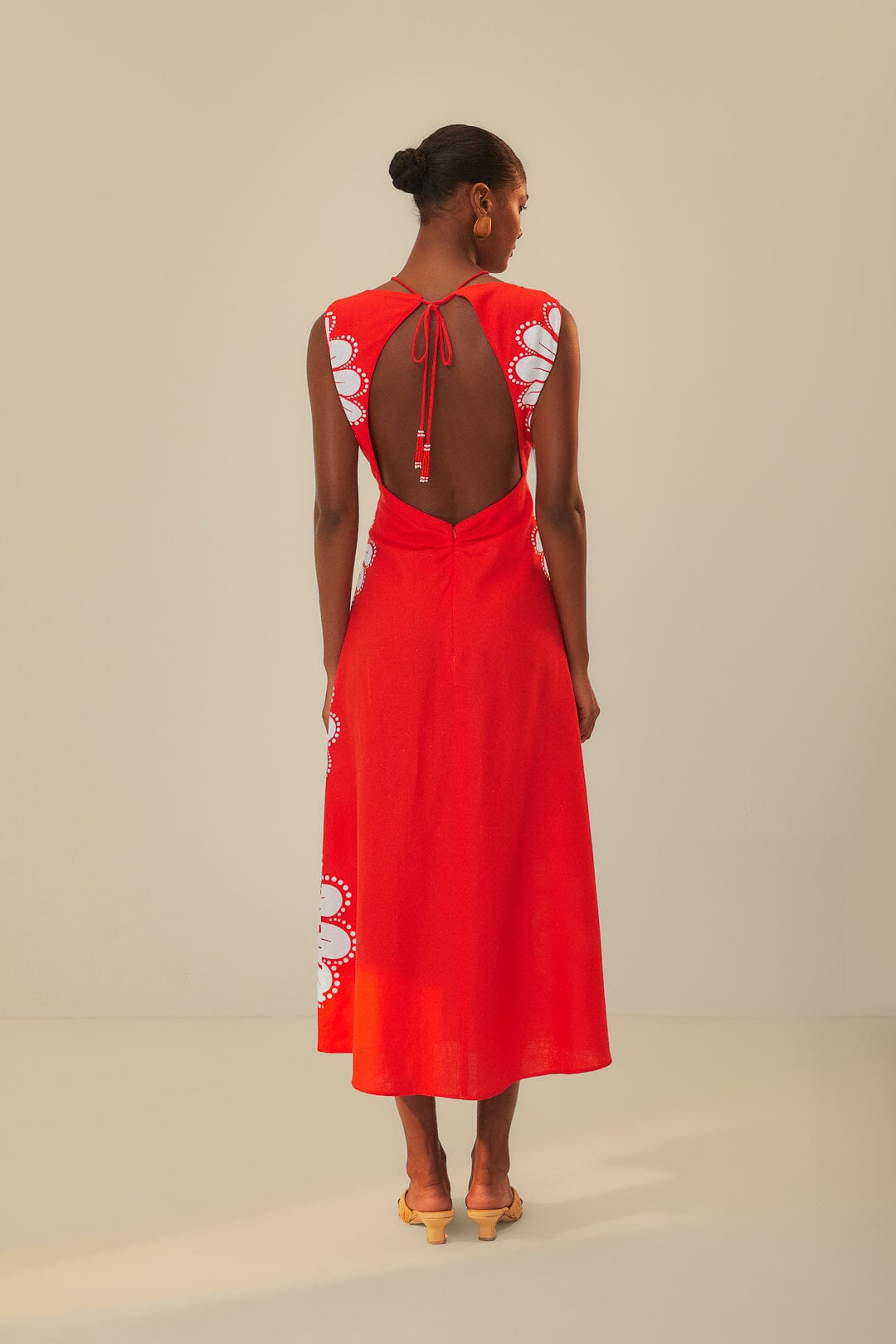 FARM Rio model wearing the Ainika Shell Red Midi Dress