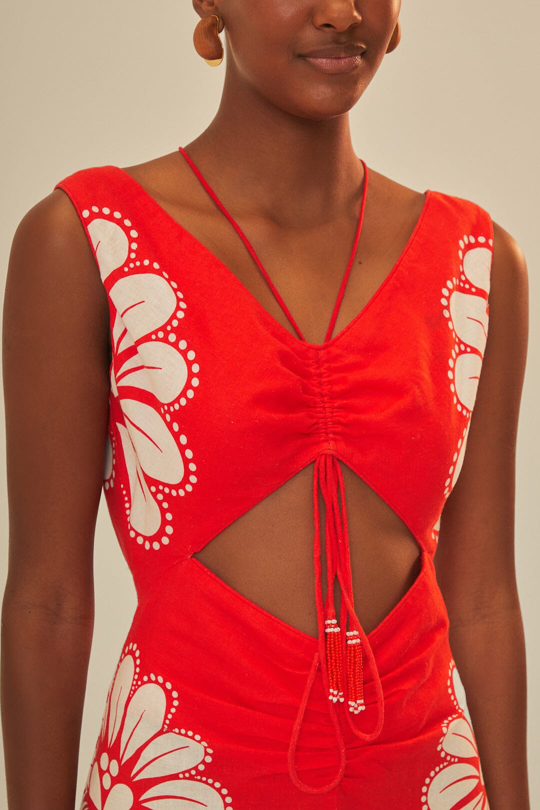 FARM Rio model wearing the Ainika Shell Red Midi Dress