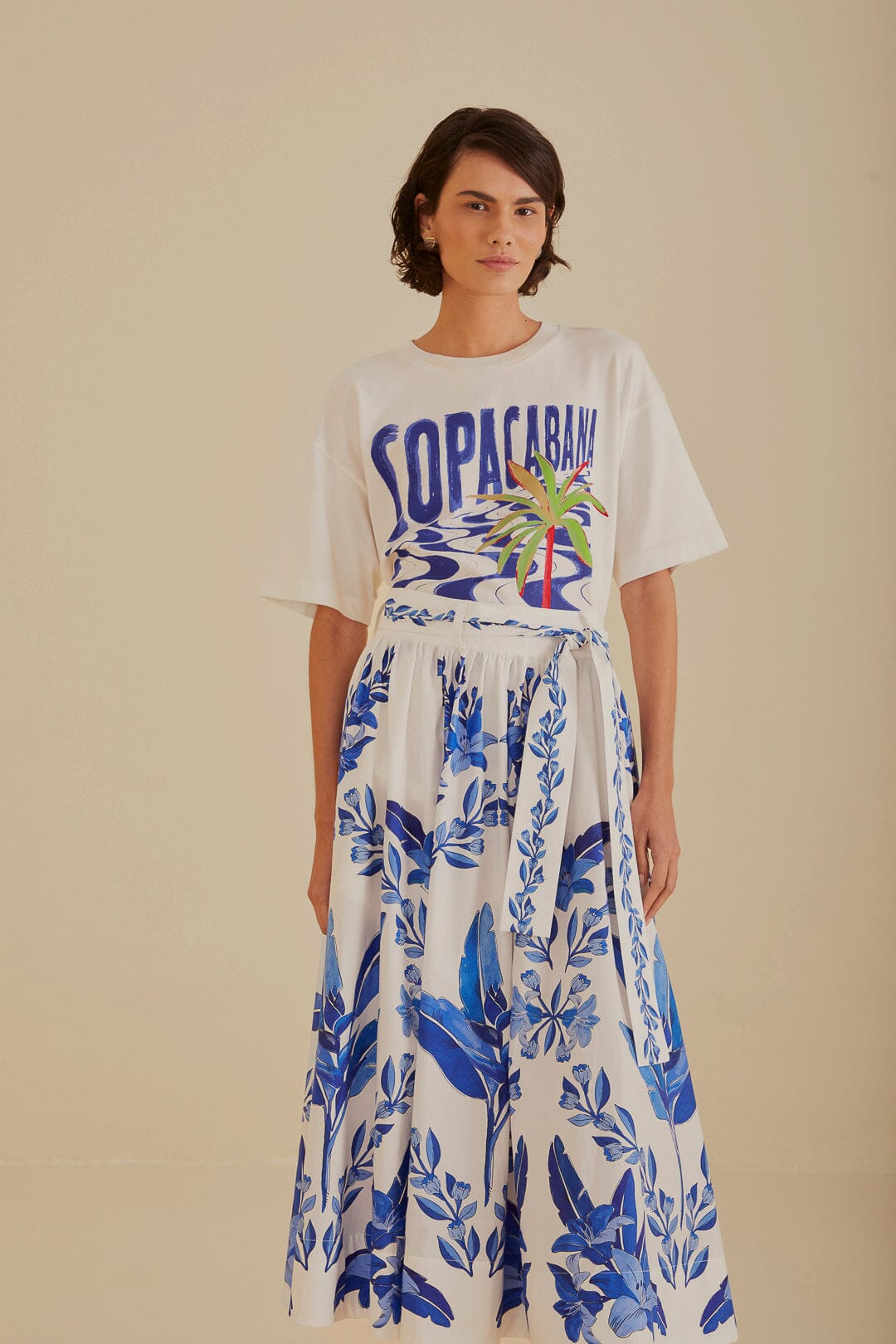 FARM Rio model wearing the Blue Yard Off-White Midi Skirt