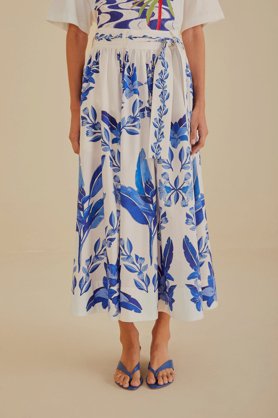 FARM Rio model wearing the Blue Yard Off-White Midi Skirt