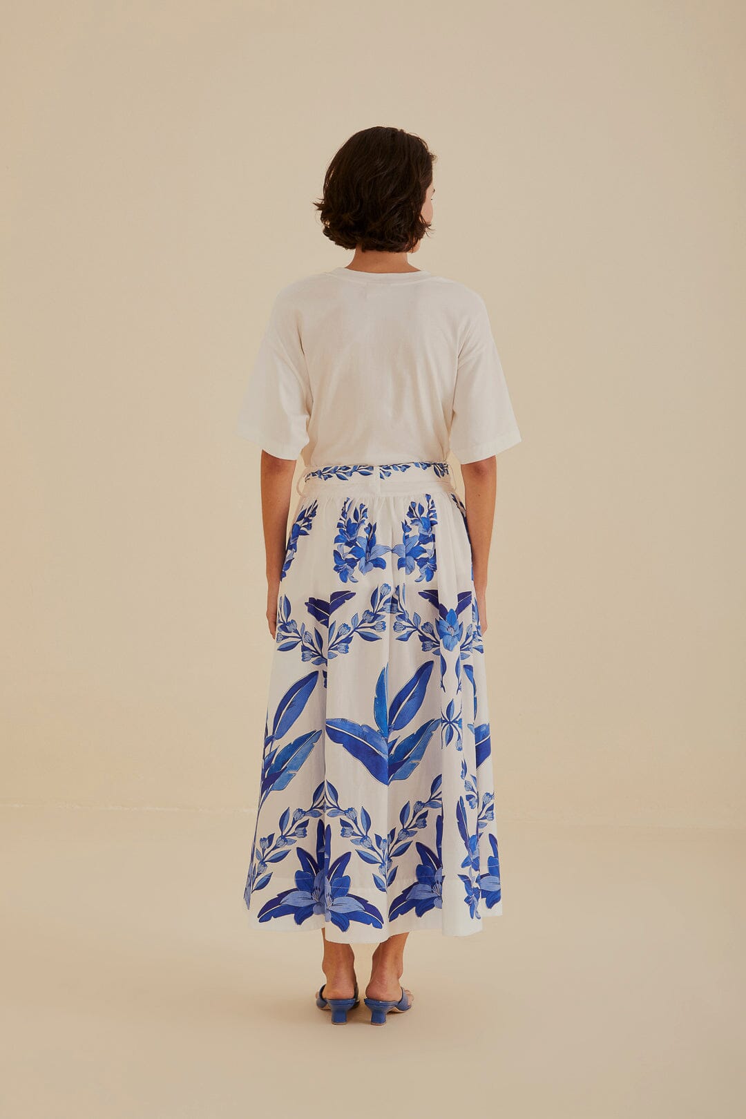FARM Rio model wearing the Blue Yard Off-White Midi Skirt