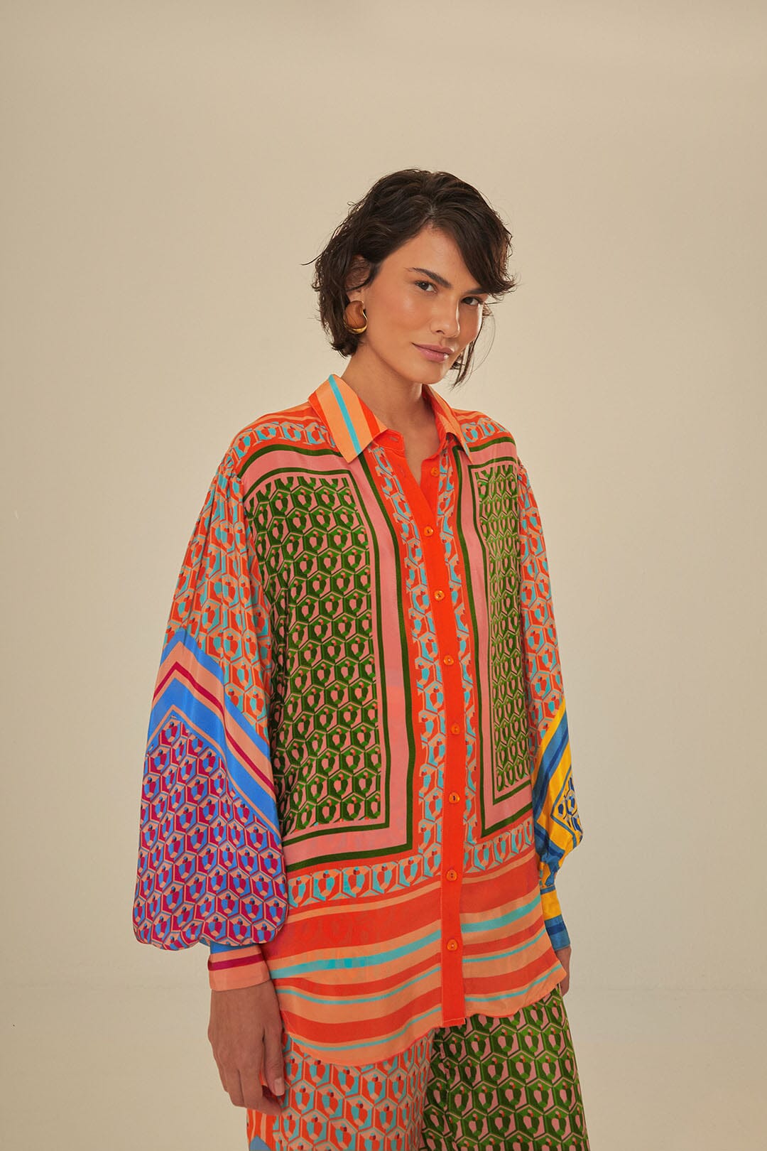 FARM Rio model wearing the Cashew Mix Long Sleeve Shirt