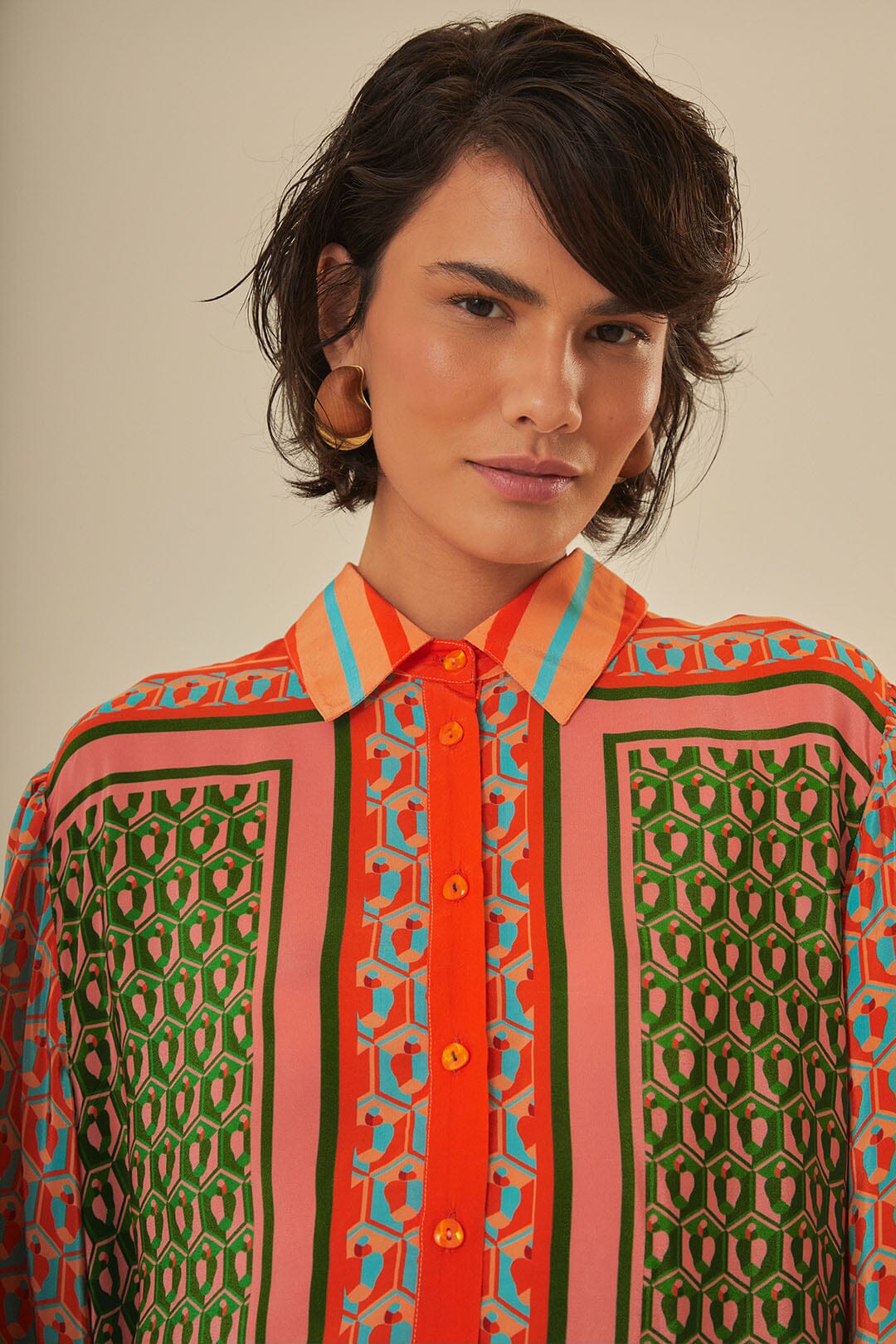 FARM Rio model wearing the Cashew Mix Long Sleeve Shirt