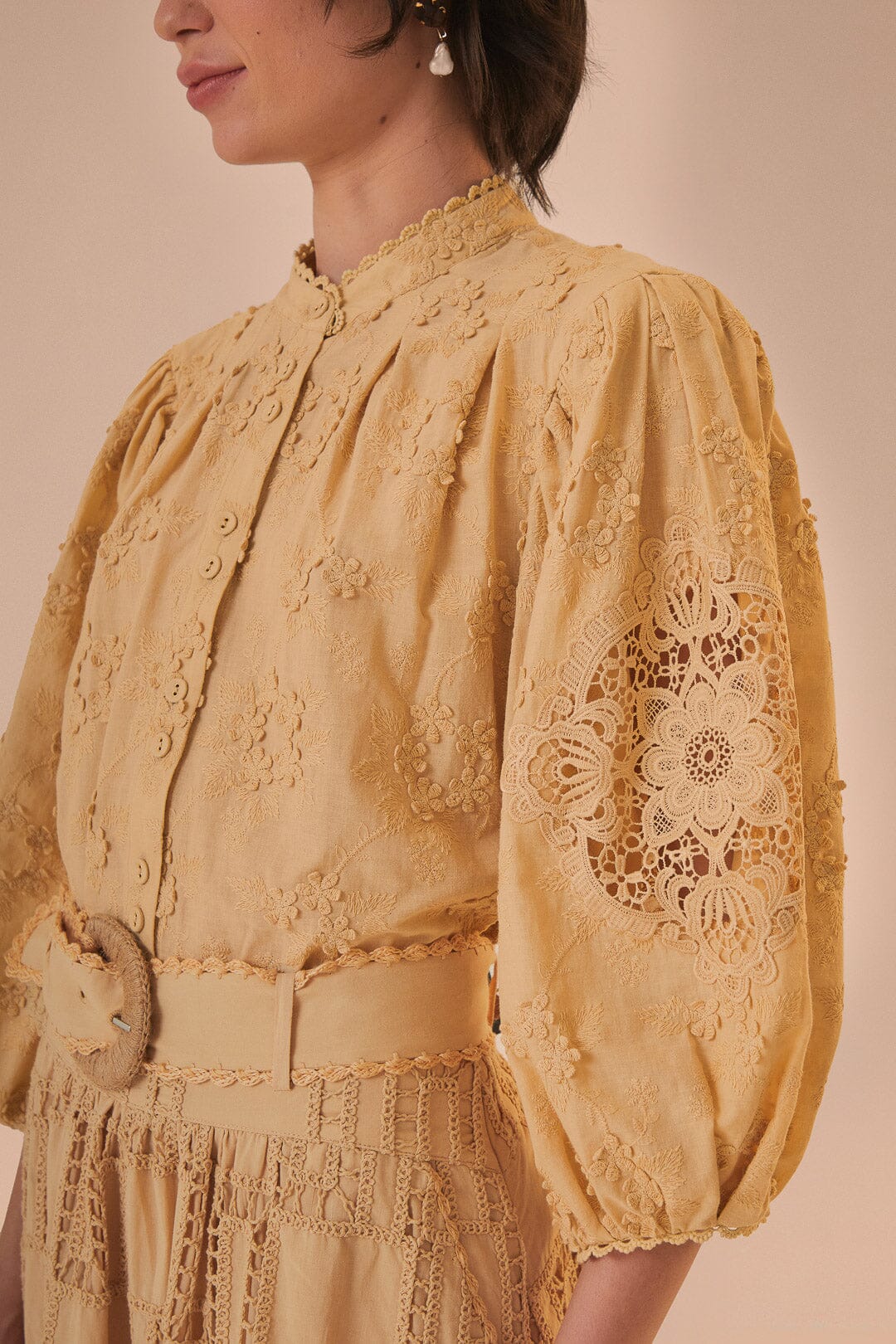 FARM Rio model wearing the Sand 3D Flower Blouse