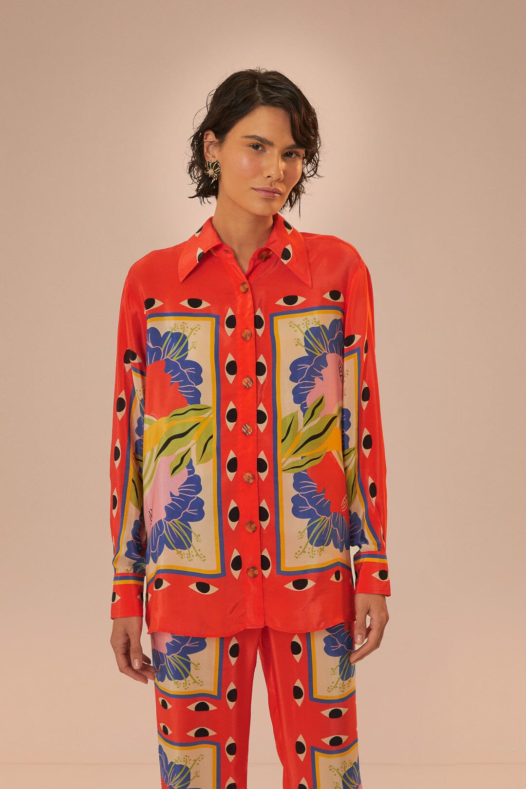 FARM Rio model wearing the Surreal Scarf Sand Pijama Shirt