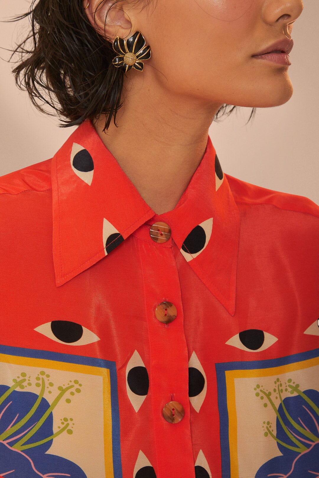 FARM Rio model wearing the Surreal Scarf Sand Pijama Shirt