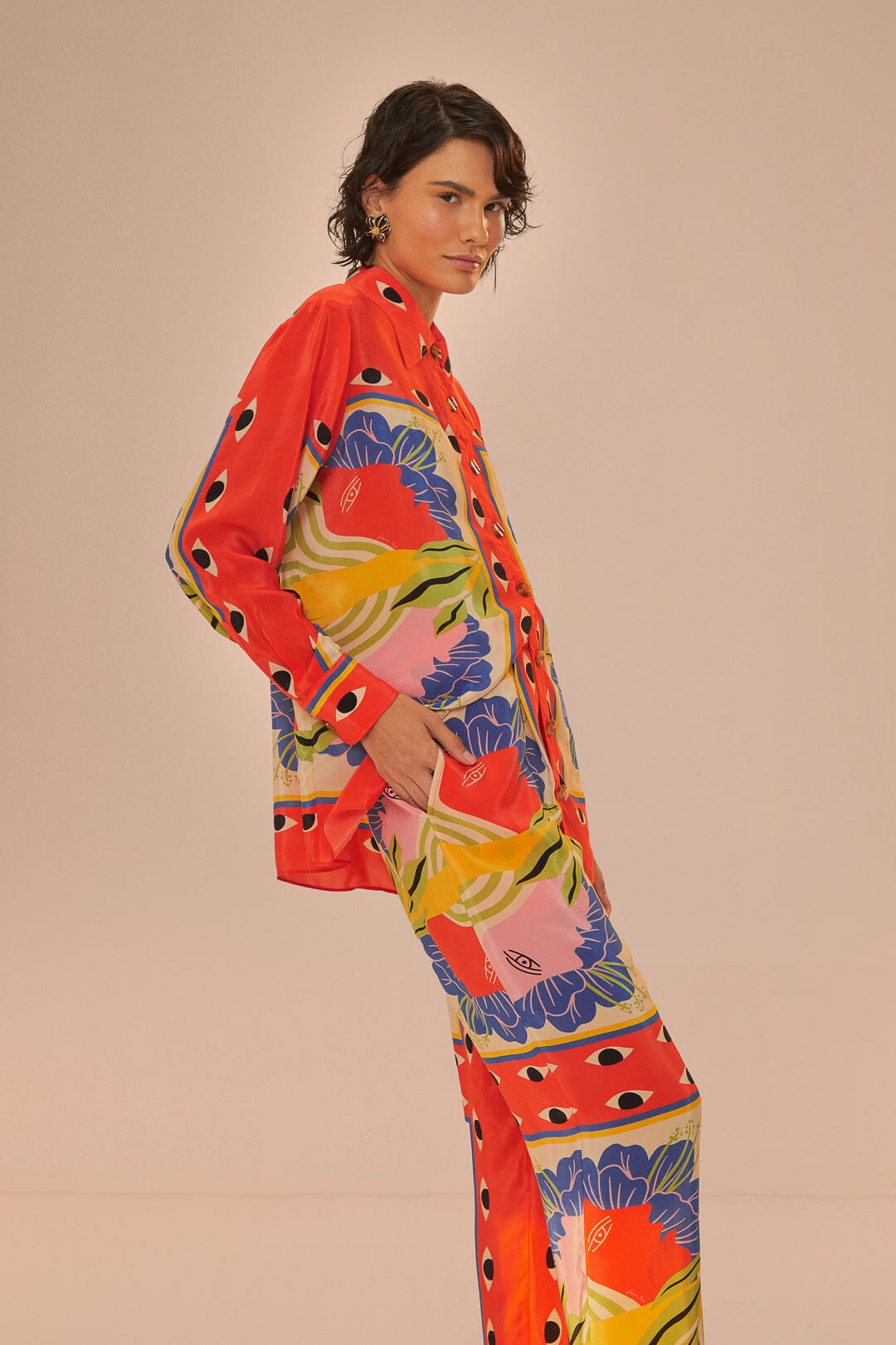 FARM Rio model wearing the Surreal Scarf Sand Pijama Pants