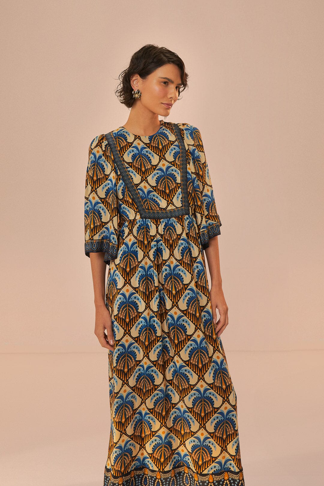 FARM Rio model wearing the Cocopalm Beige Maxi Dress