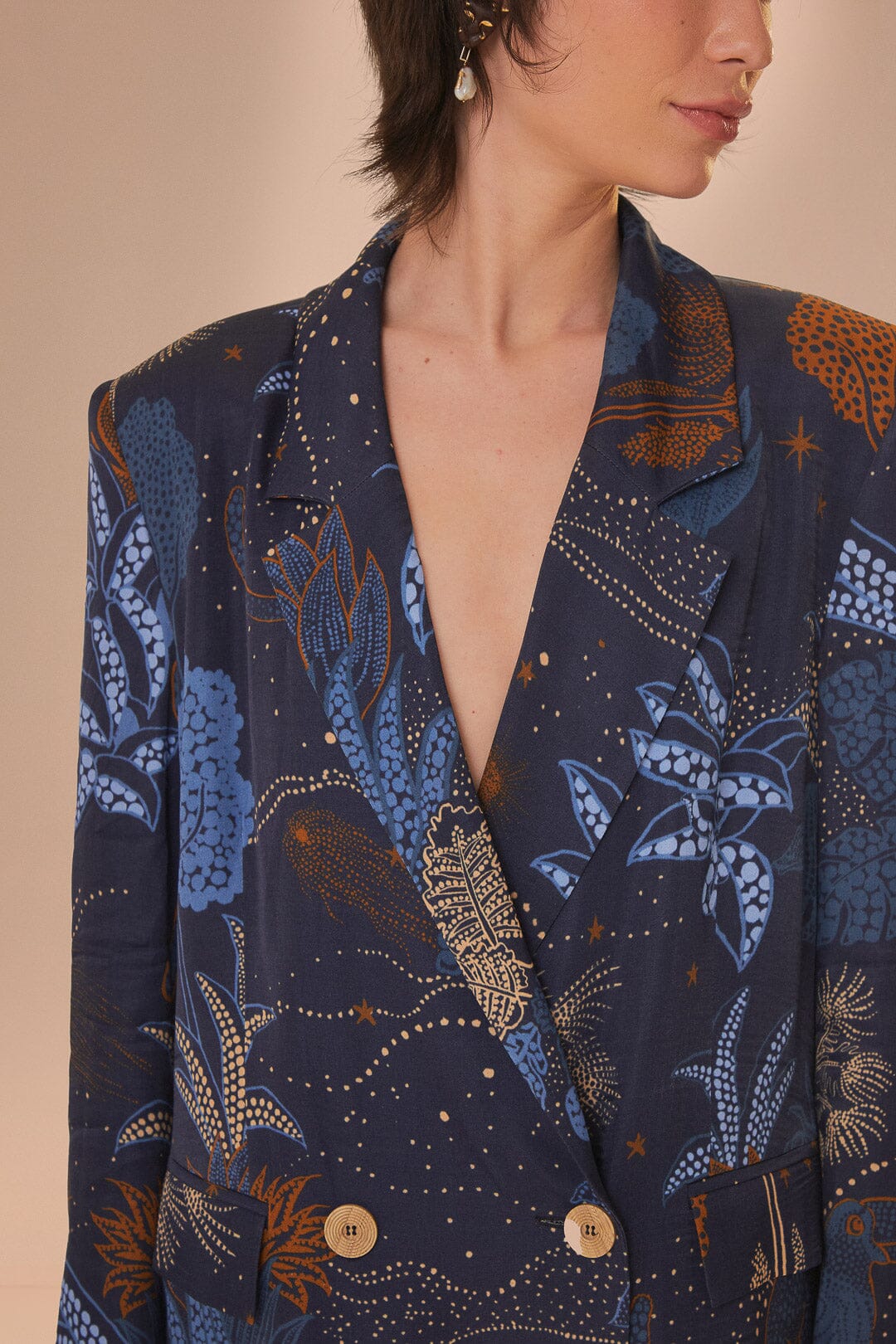 FARM Rio model wearing the Night Jungle Navy Blue Blazer