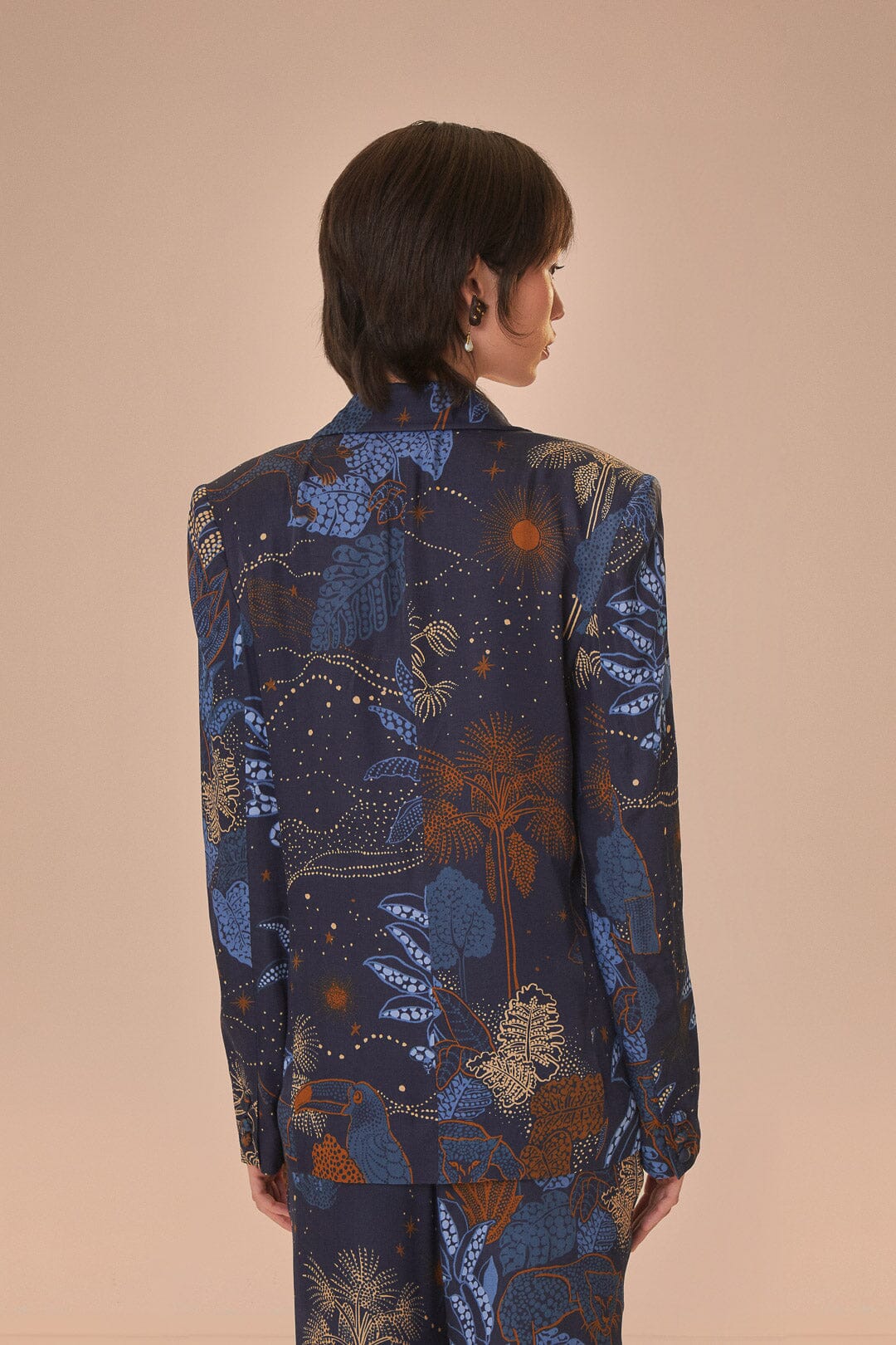 FARM Rio model wearing the Night Jungle Navy Blue Blazer