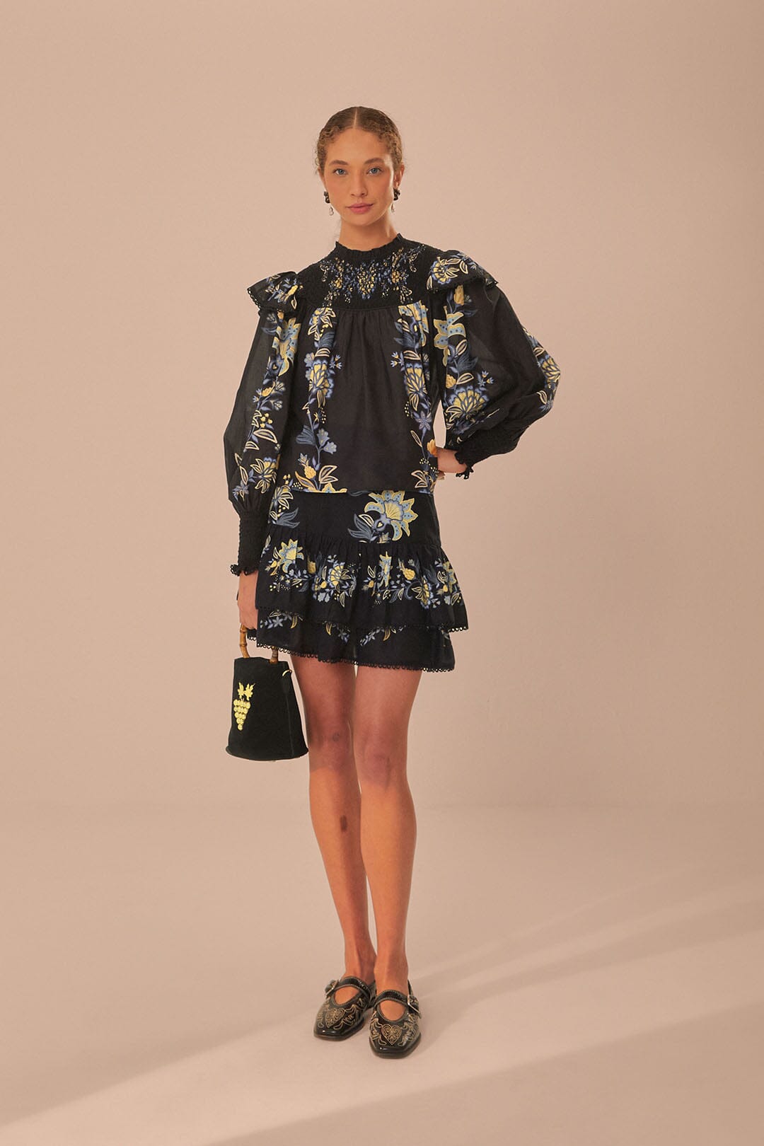 FARM Rio model wearing the Stitched Garden Black Mini Skirt