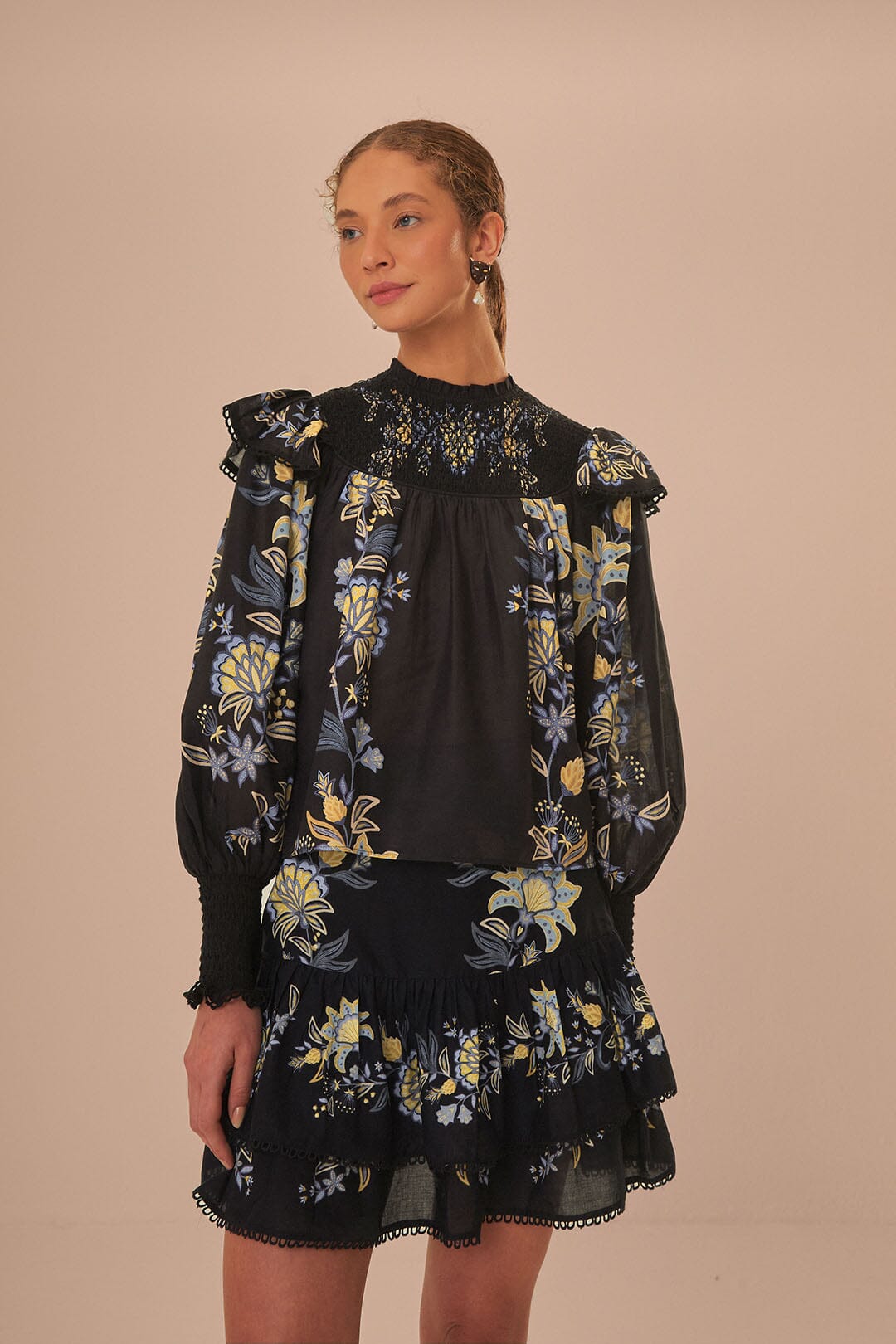 FARM Rio model wearing the Stitched Garden Black Mini Skirt