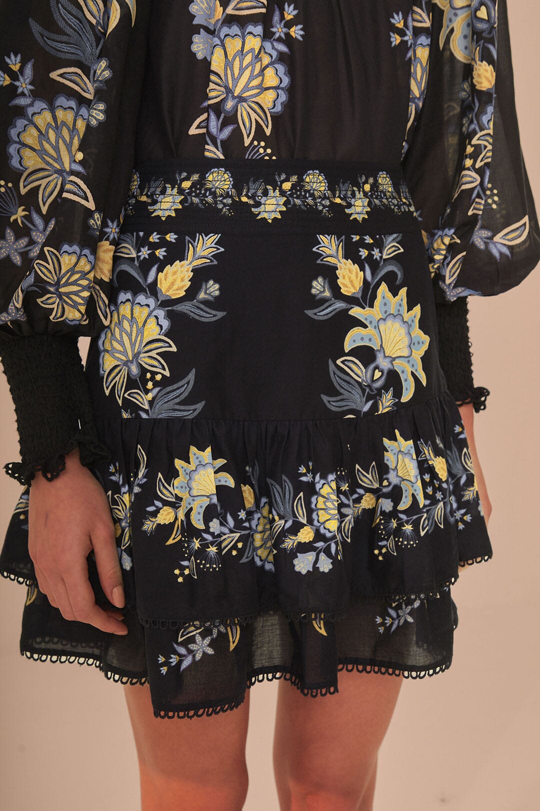 FARM Rio model wearing the Stitched Garden Black Mini Skirt