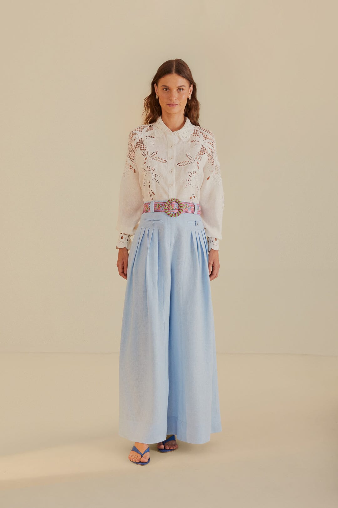 FARM Rio model wearing the Light Blue Pleat High Waisted Pants