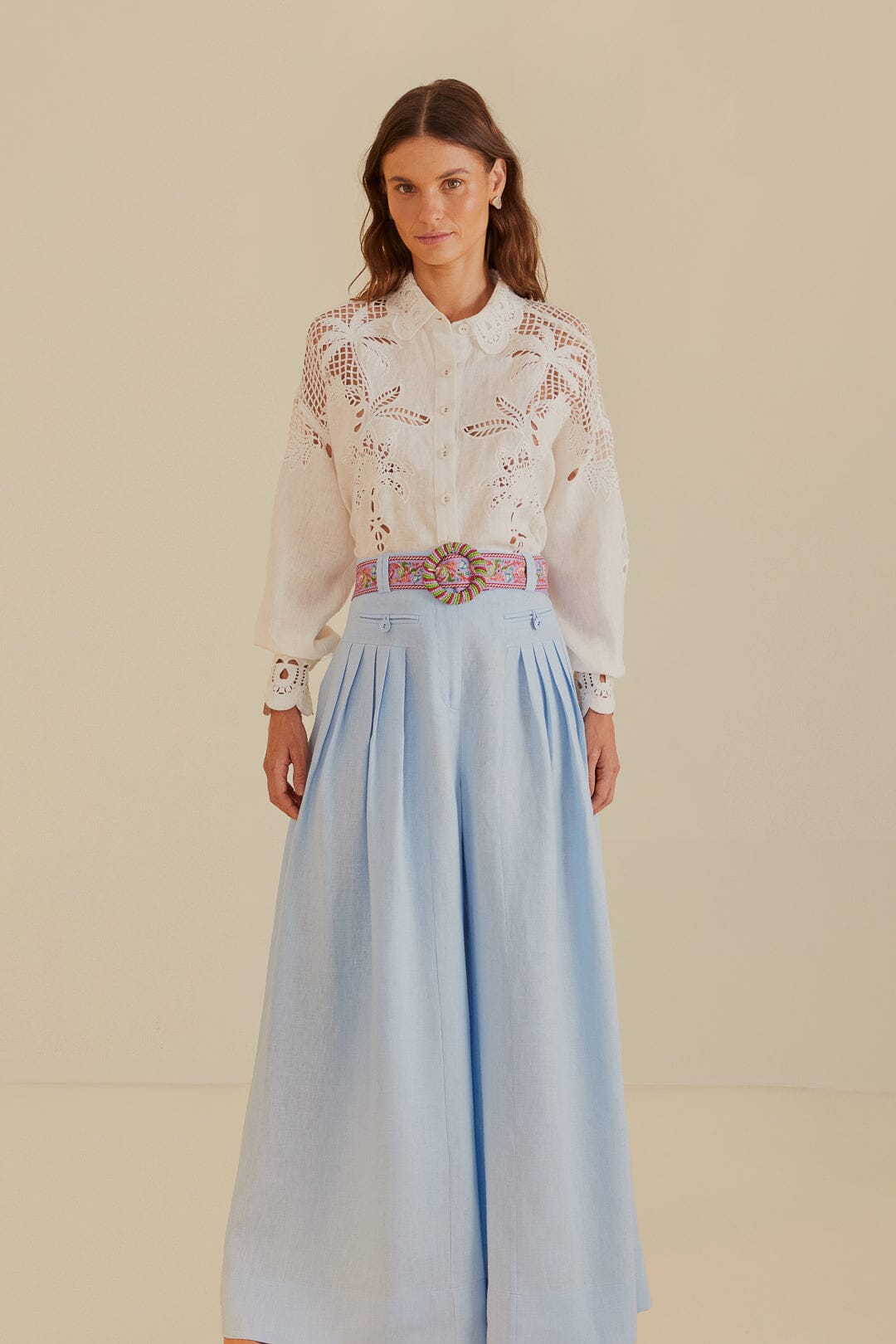 FARM Rio model wearing the Light Blue Pleat High Waisted Pants