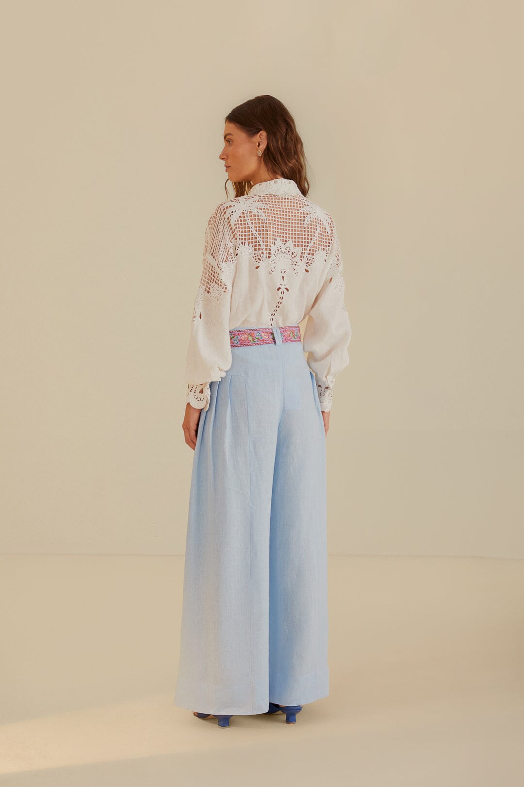 FARM Rio model wearing the Light Blue Pleat High Waisted Pants